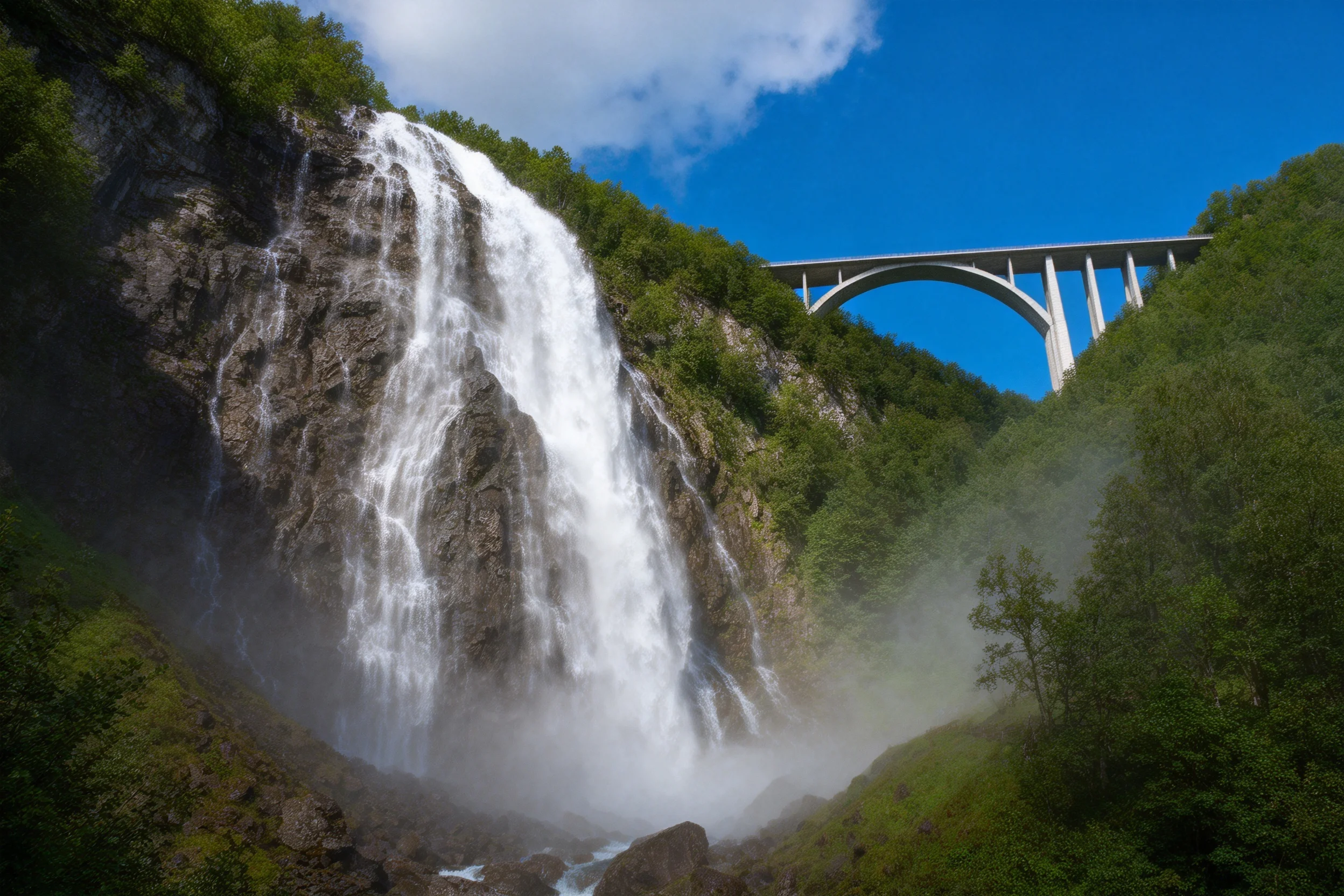 高山瀑布水流湍急,瀑布底部岩石裸露,上方现代桥梁横跨而过,水流呈白色。