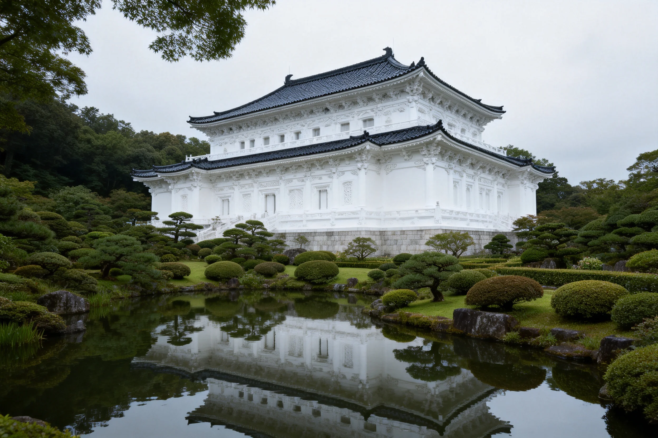 传统日式宫殿建筑洁白墙体与黑色屋顶在水面上形成清晰的倒影,园林景观环绕四周。