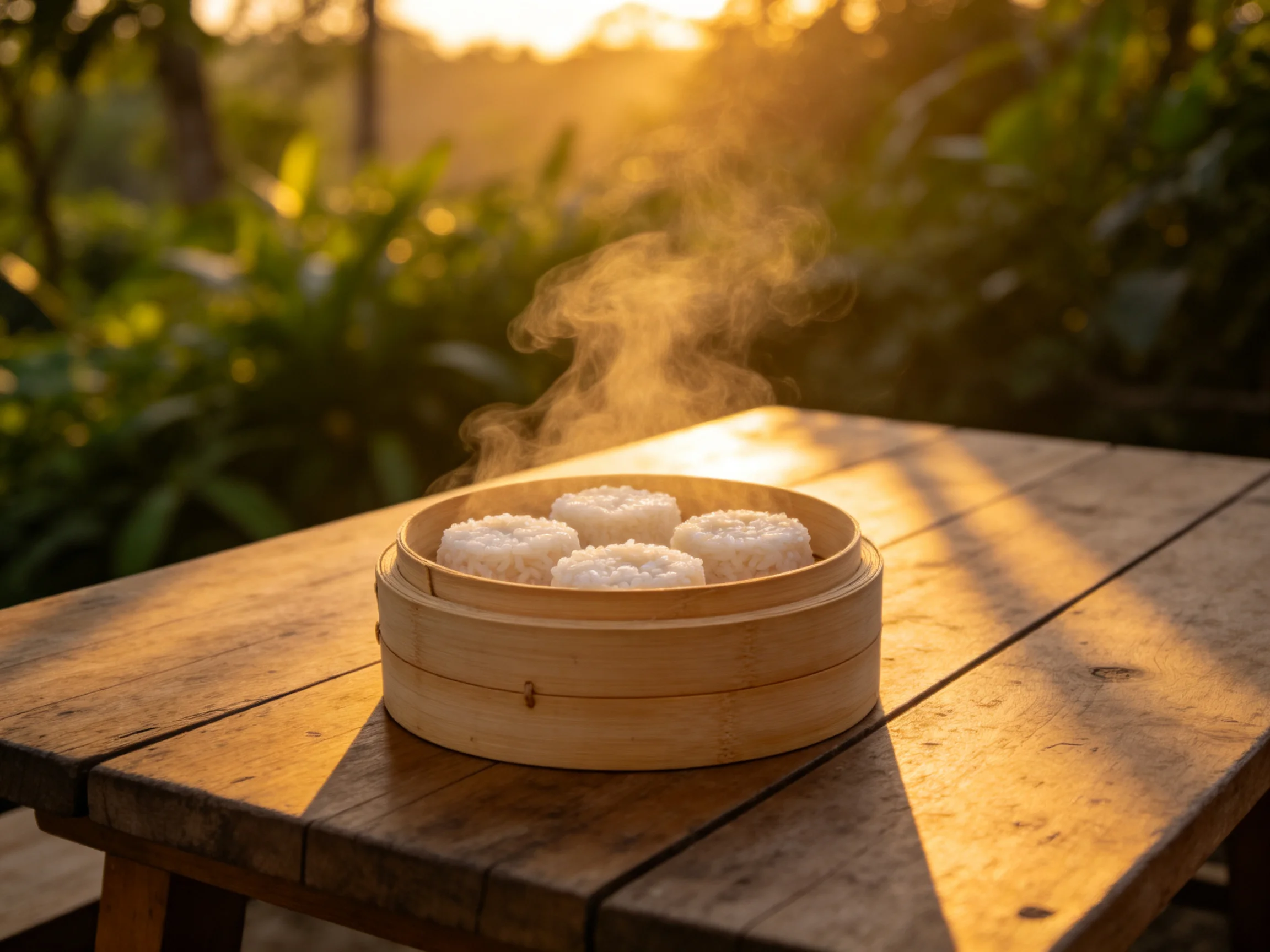 圆形竹制蒸笼内摆放着四只刚蒸小笼包,热气升腾,阳光在木桌上投下阴影。