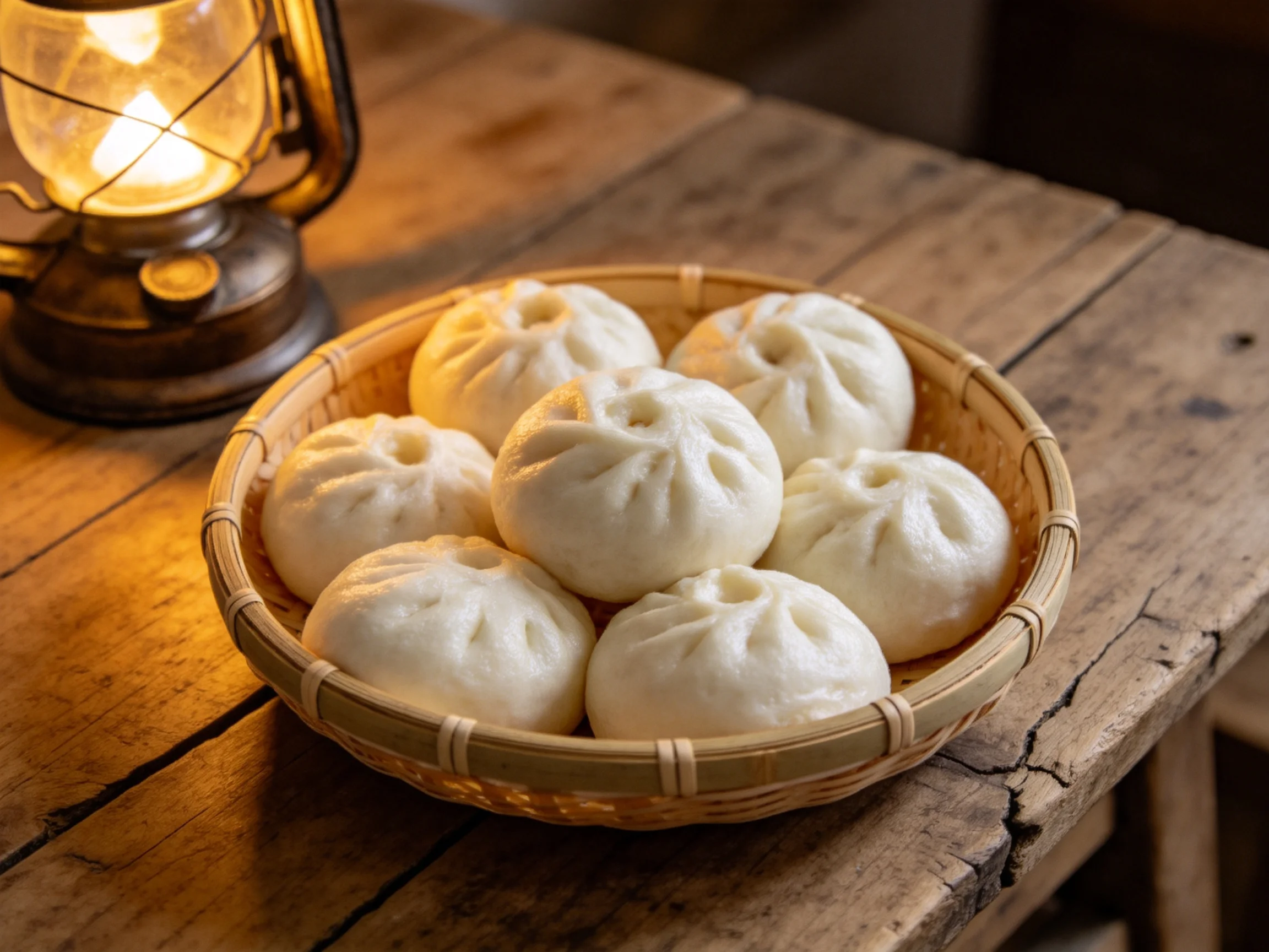 竹篮中摆放着六只表皮洁白、形态饱满的蒸包，处于古朴木质桌面的呈现。