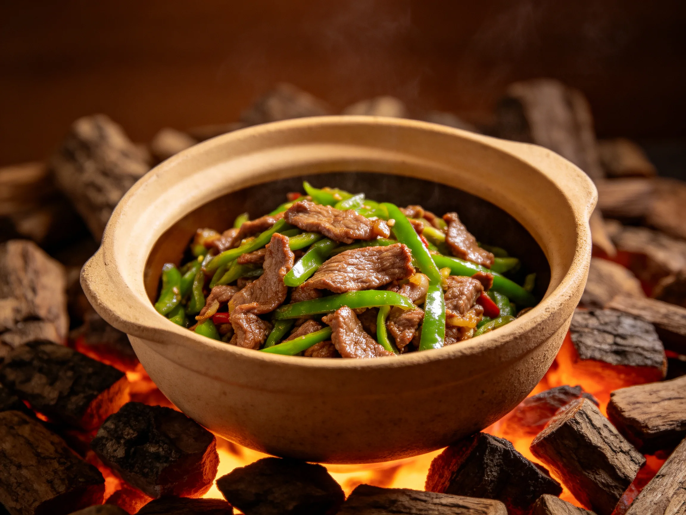 砂锅牛肉青椒色泽诱人,牛肉切片鲜嫩油亮,青椒翠绿脆爽,置于陶制砂锅中正被炭火加热。