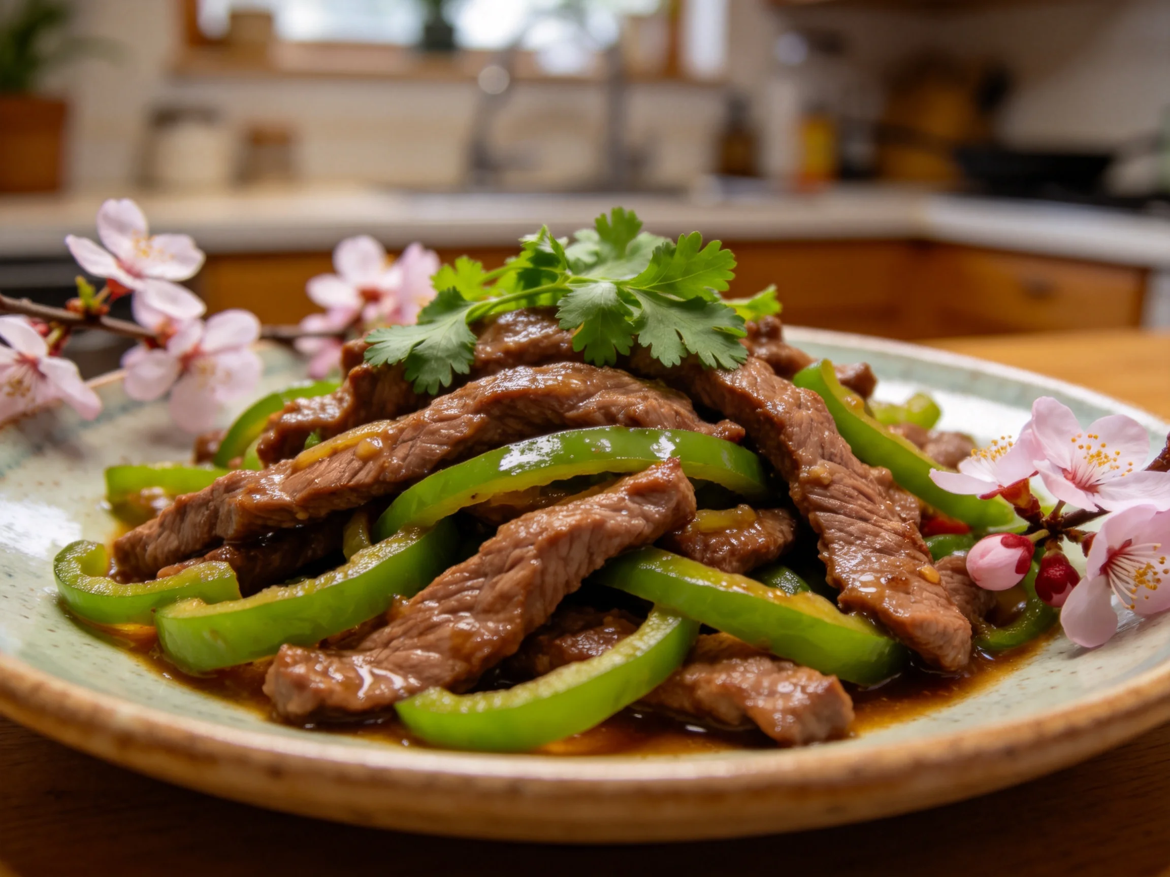 青椒炒牛肉色泽红润，牛肉切片均匀，青椒翠绿鲜亮，表面覆盖透亮酱汁，香菜点缀其上。