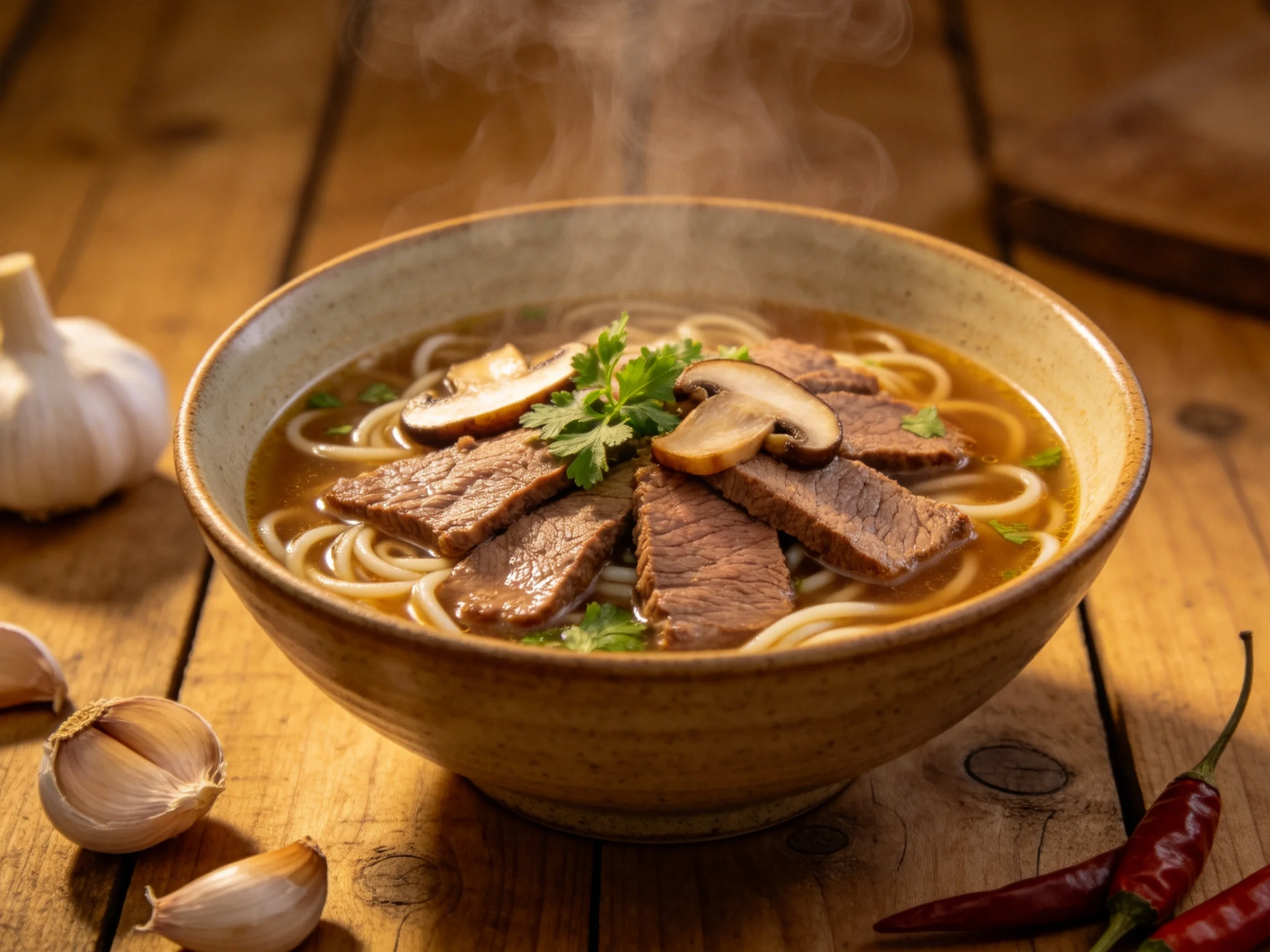 碗中盛放着一碗牛肉汤面,牛肉片纹理清晰,面条细长,蒸汽缓缓升腾。