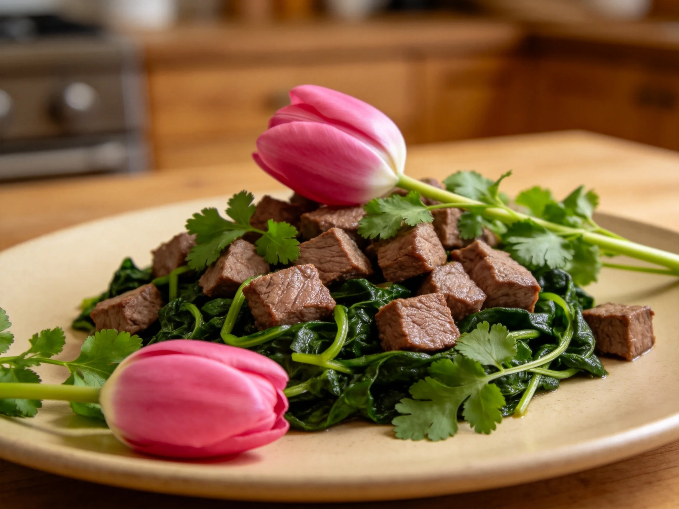 牛肉绿叶料理摆盘中,切牛肉块与翠绿蔬菜搭配,粉色郁金香作为装饰点缀其上。