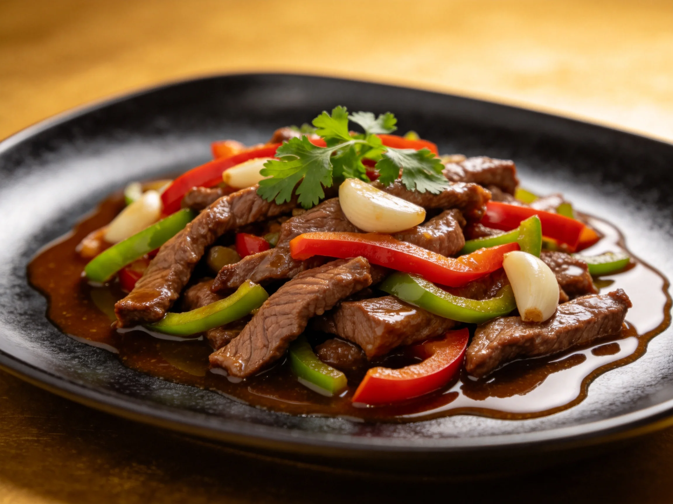 彩椒牛柳色泽诱人,牛肉纹理清晰,红绿彩椒搭配鲜明,酱汁饱满。