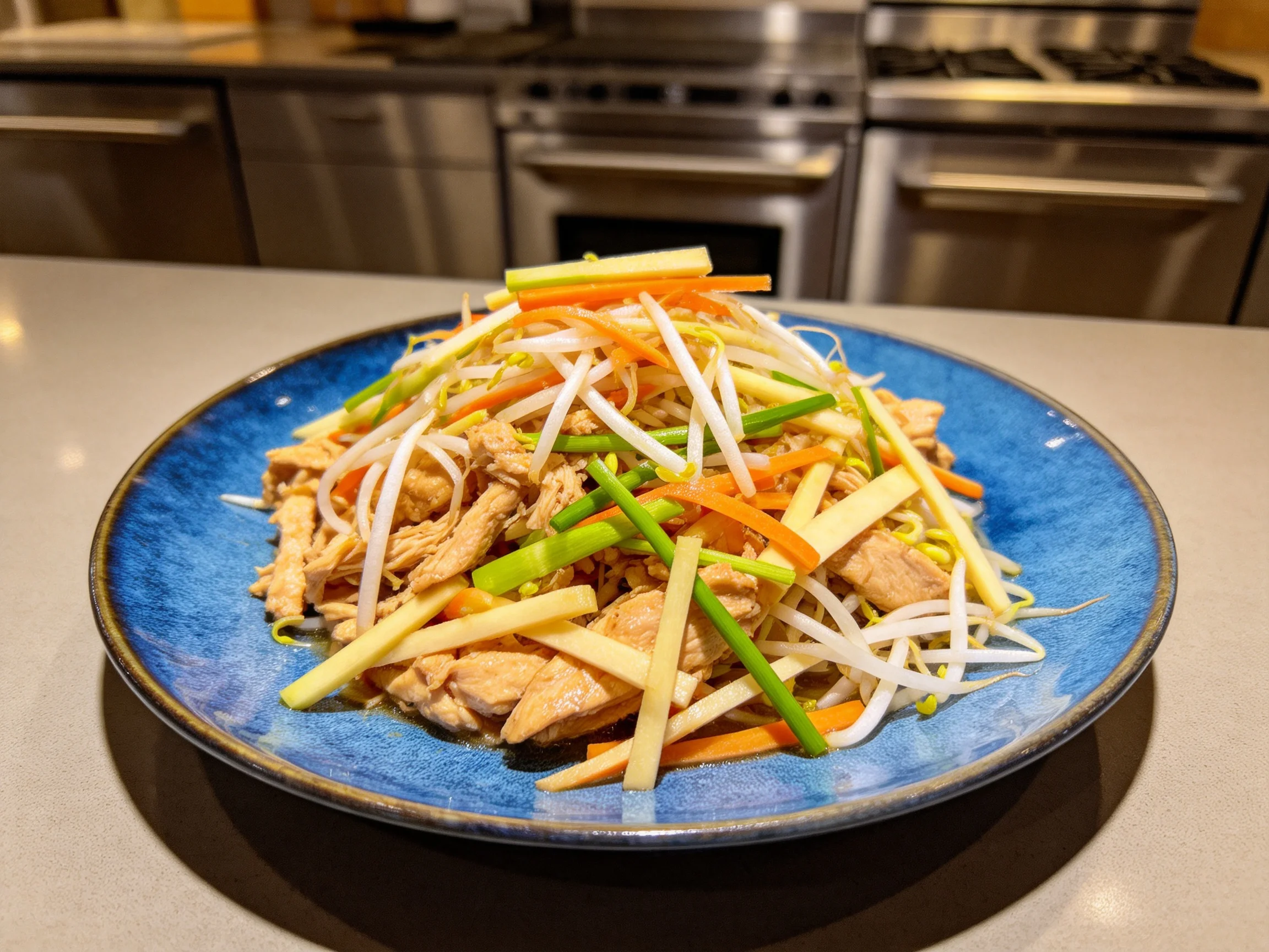 鸡丝时蔬炒合菜色彩丰富,鸡肉丝呈浅棕色且切制均匀,蔬菜种类多样。