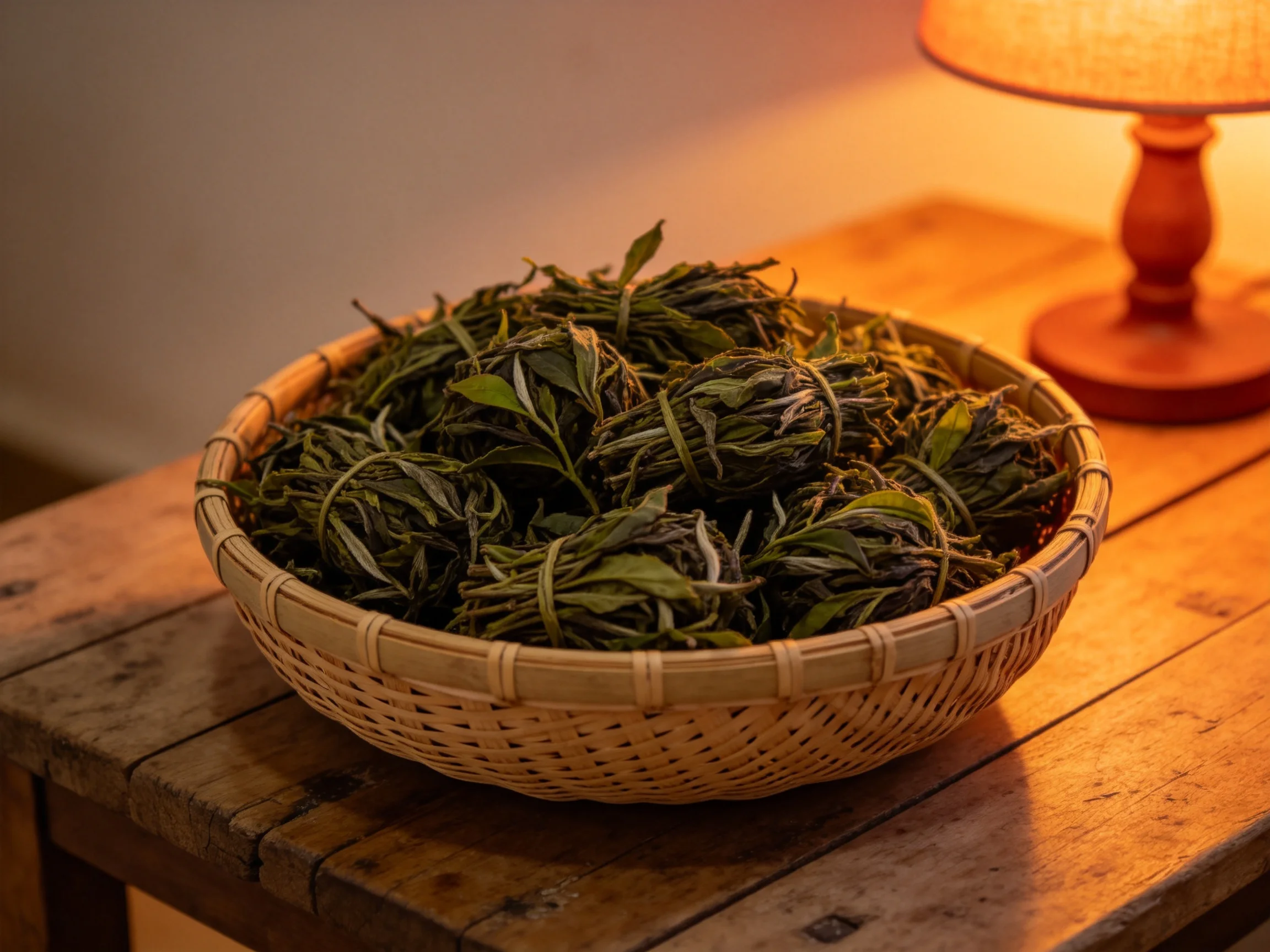 竹篮中的绿茶束叶片鲜嫩，叶脉清晰可见，处于干燥状态。