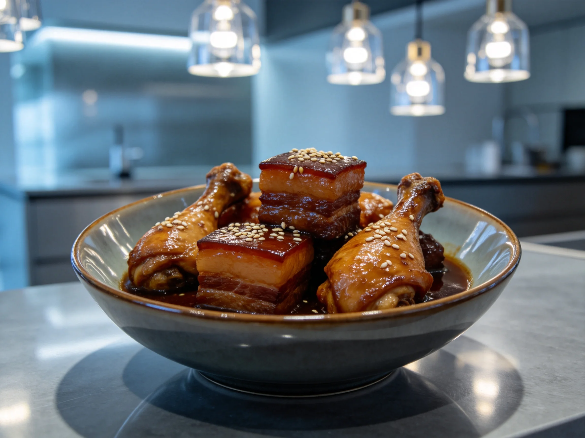 红烧肉鸡块料理色泽红亮,五花肉方块上撒有芝麻,盛放在深色陶瓷碗中。