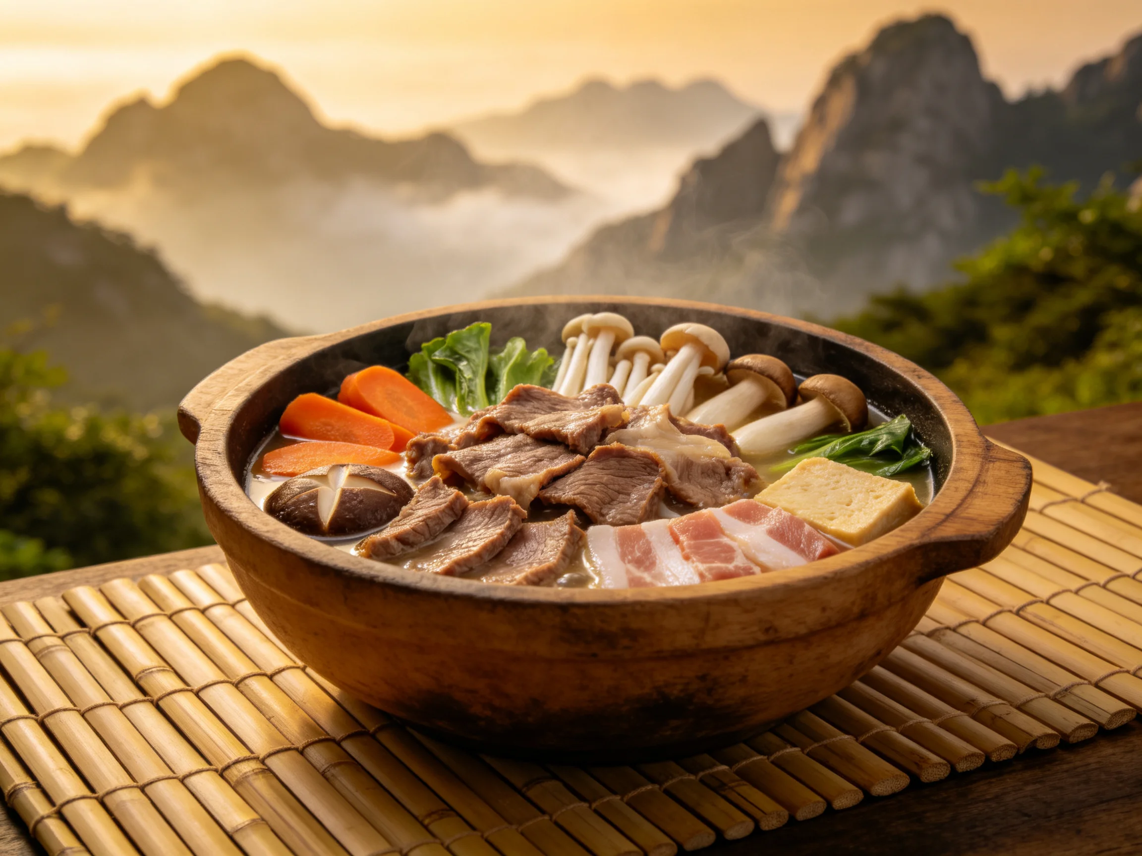 火锅料理盛于木碗中,可见切片肉类、菌菇、胡萝卜与绿叶菜,热气升腾。