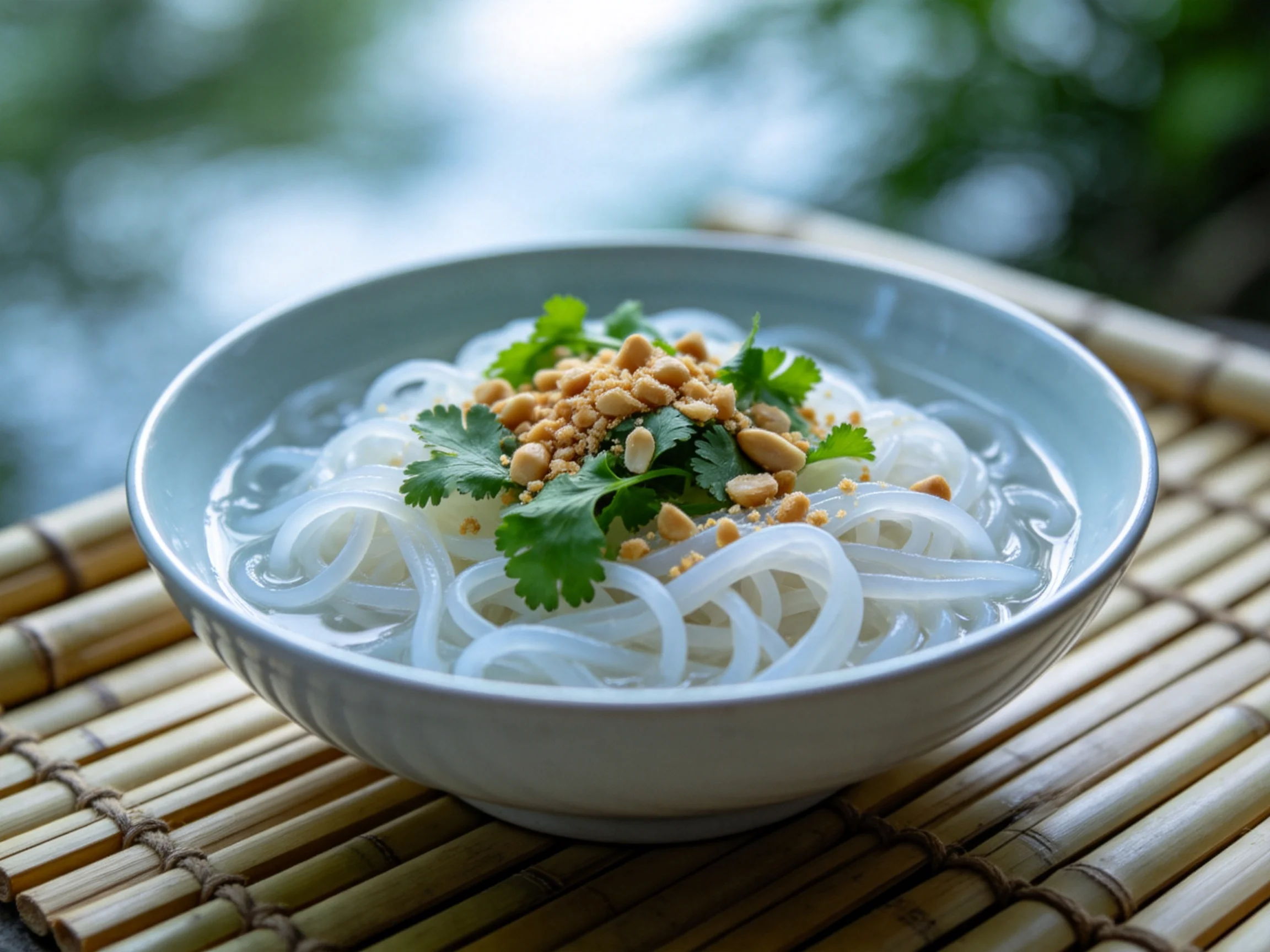 青碗里的凉拌米粉,半透明米粉成团,表面点缀着翠绿香菜和浅棕色花生碎。