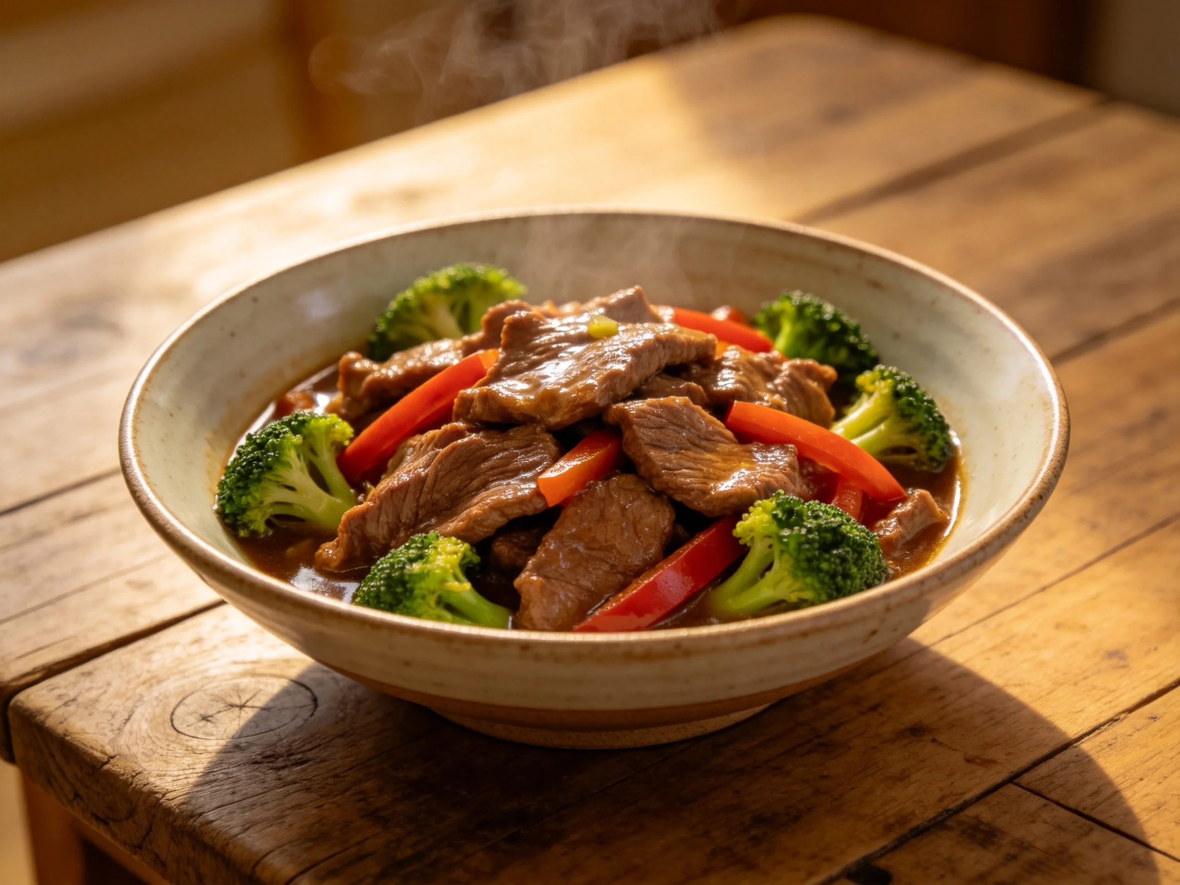 牛肉西兰花炒红椒色泽丰富,牛肉纹理清晰,西兰花翠绿鲜嫩。