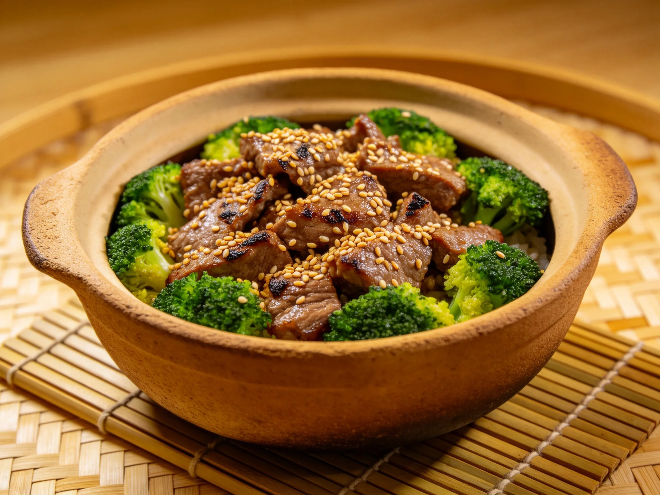 芝麻牛肉西兰花呈现,牛肉块焦香有光泽,西兰花翠绿鲜嫩,陶制器皿中摆放整齐。