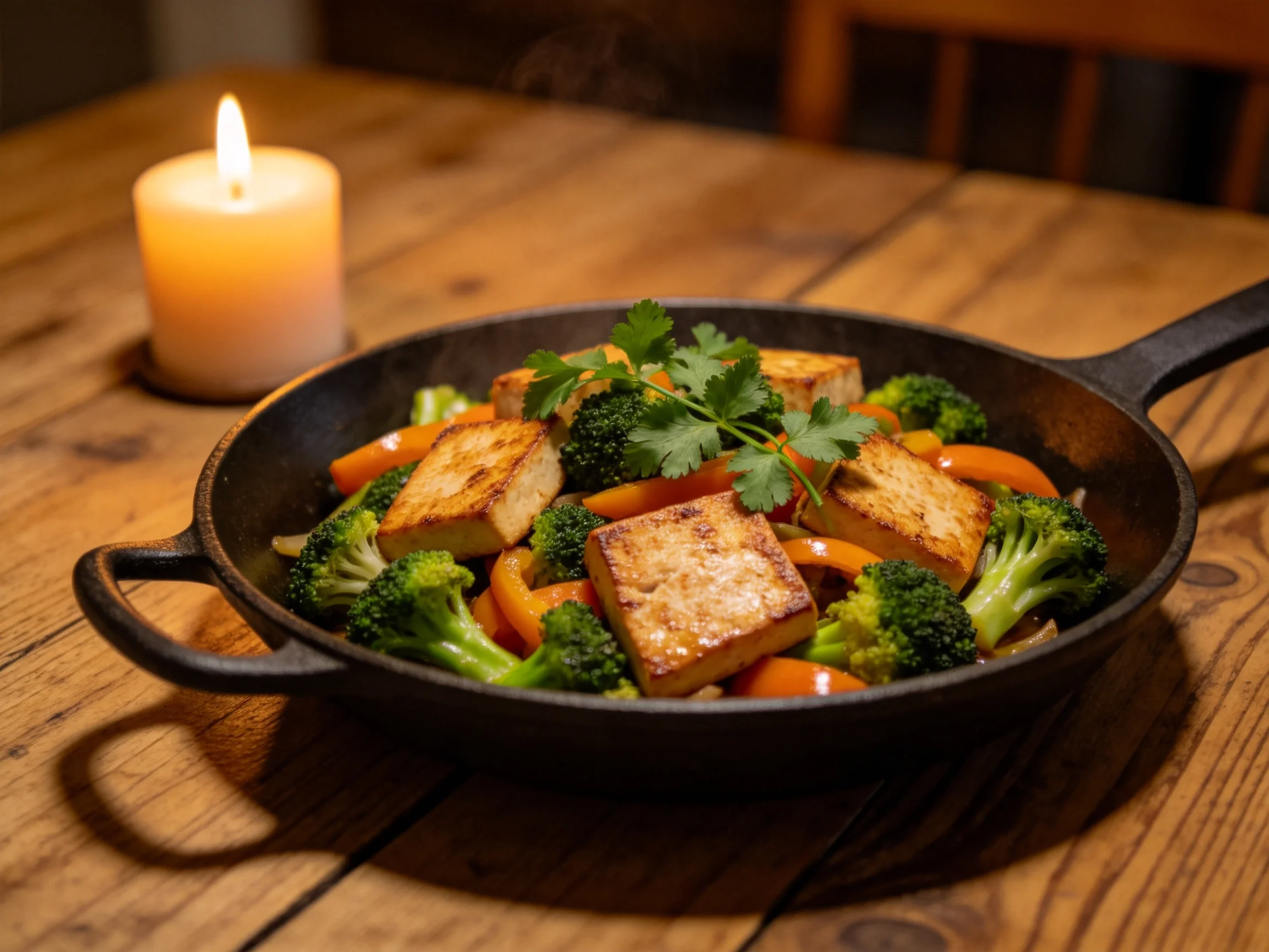 西兰花彩椒煎豆腐料理中,金黄煎豆腐块与翠绿西兰花形成鲜明对比,表面呈现出诱人的焦香质感。