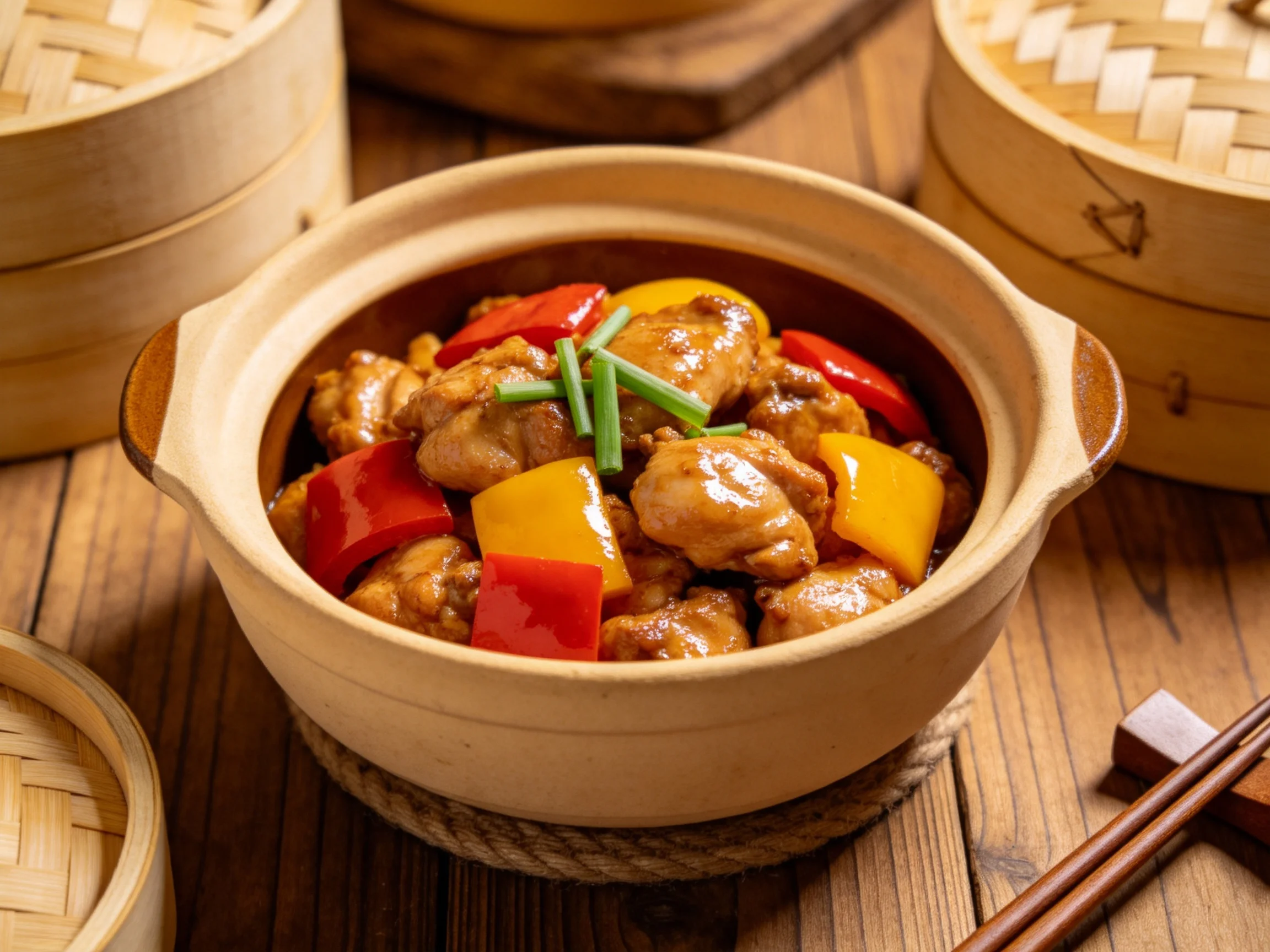 彩椒砂锅鸡盛放在陶制器皿中,金黄鸡肉与鲜艳彩椒形成色彩对比,陶制器皿表面有纹理。