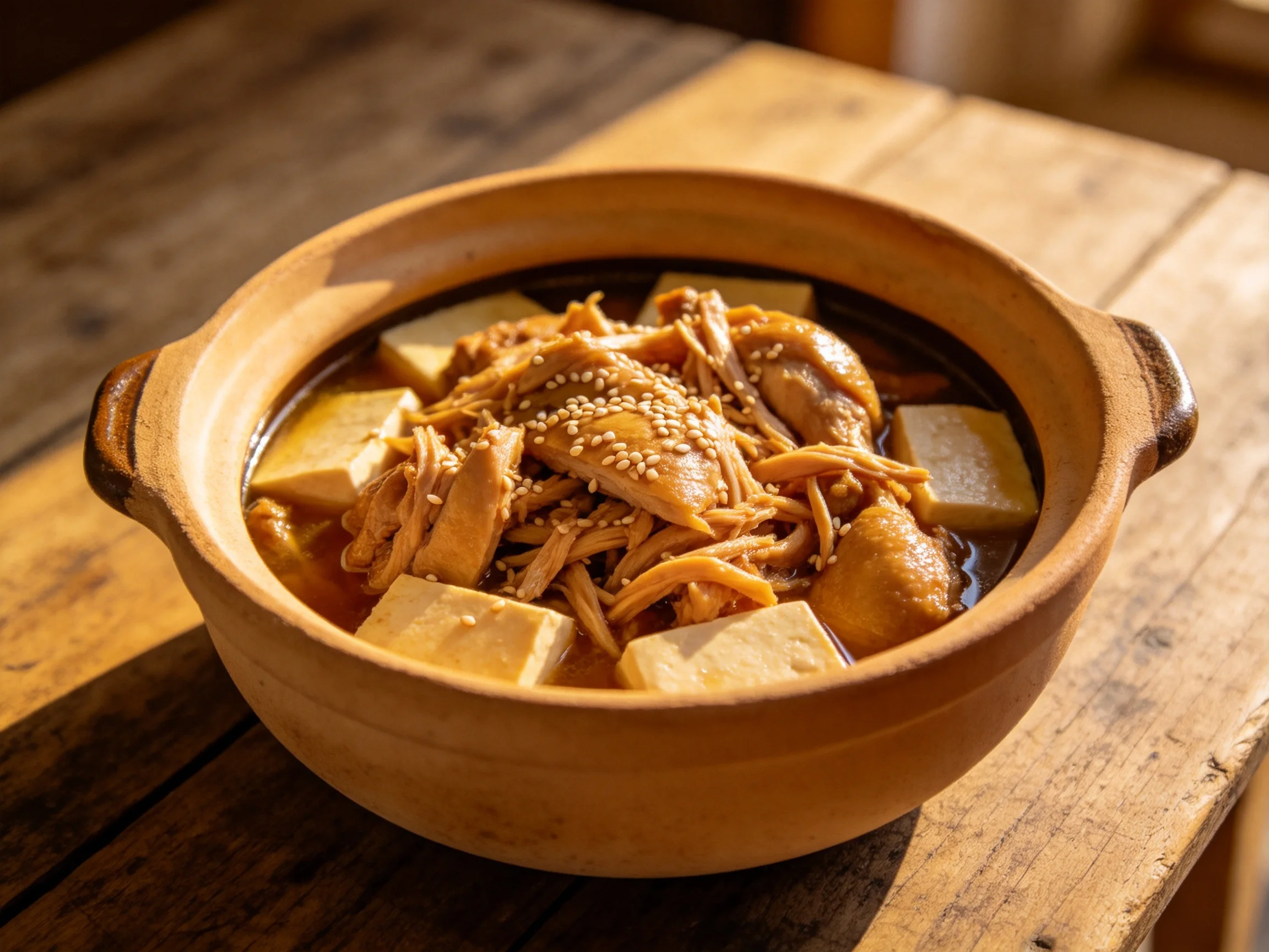 陶罐盛装的鸡肉豆腐煲，金黄鸡肉丝与白色豆腐块在红亮汤汁中，撒有白芝麻点缀，呈现传统中式家常风味。