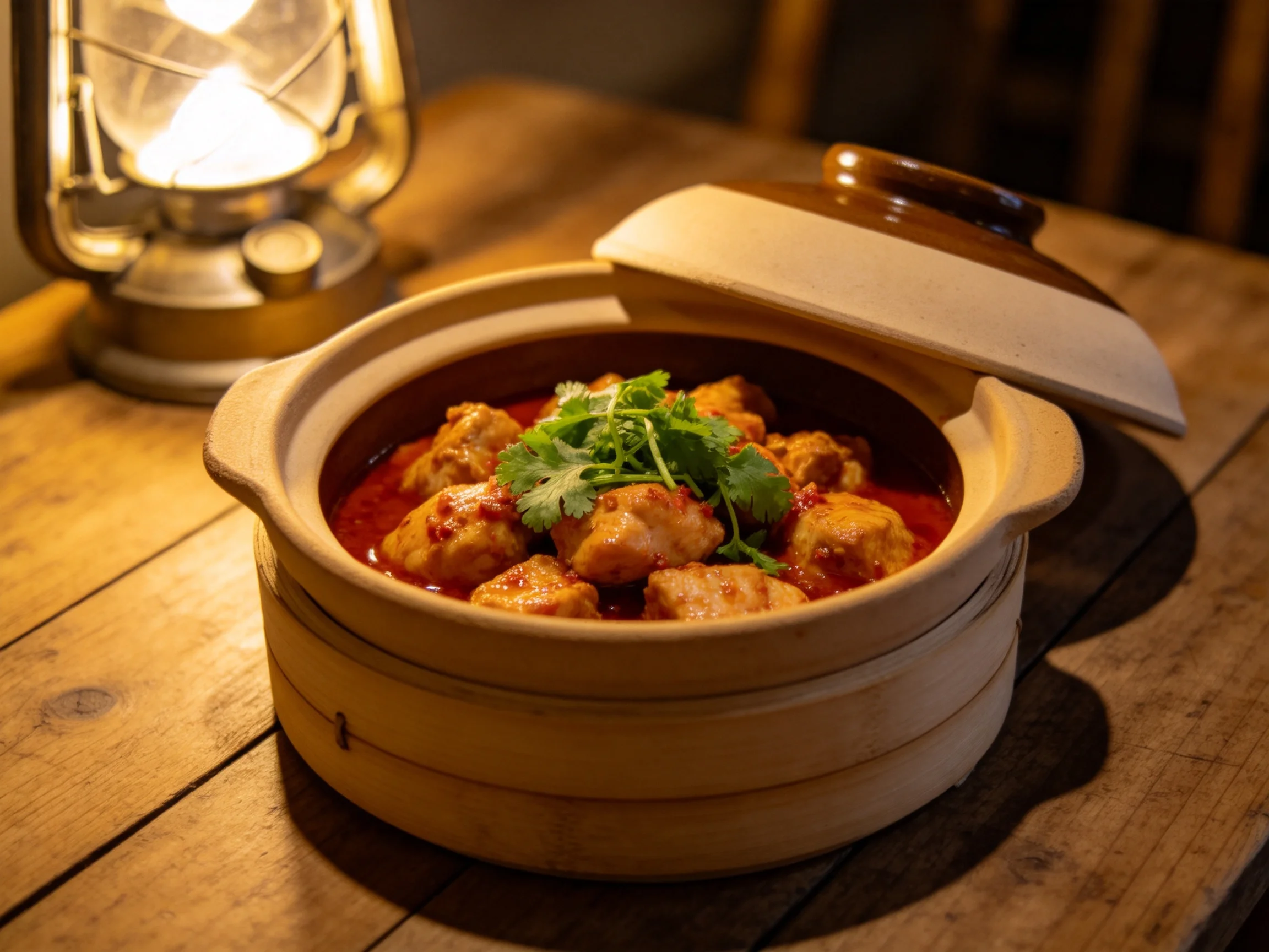 砂锅红烧鸡肉盛于陶制器皿中,表面覆盖红亮酱汁,香菜点缀其上,暖光下呈现诱人色泽。