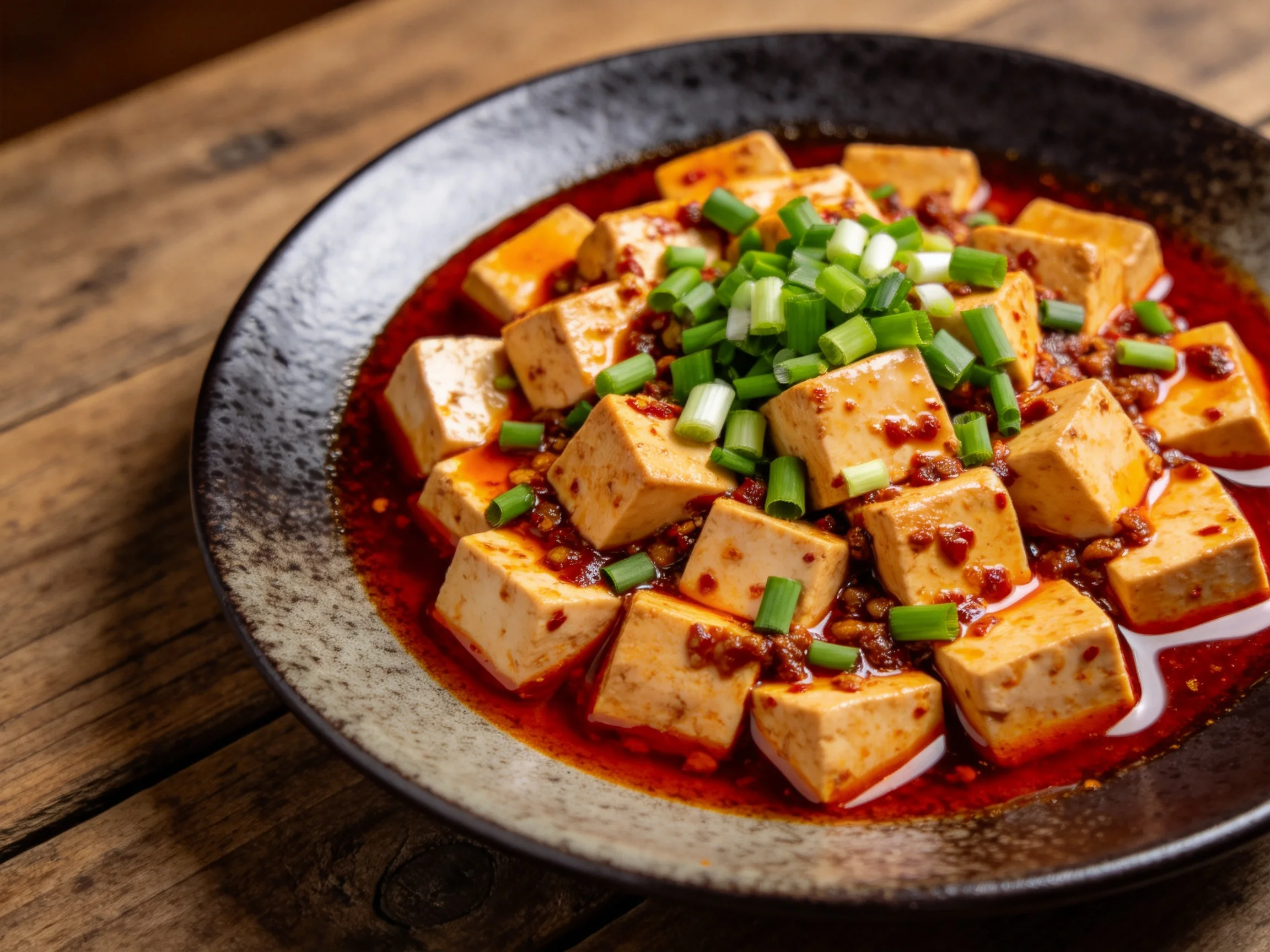 麻婆豆腐盛放在深色碗中，豆腐块裹满红油，表面点缀着翠绿葱花。