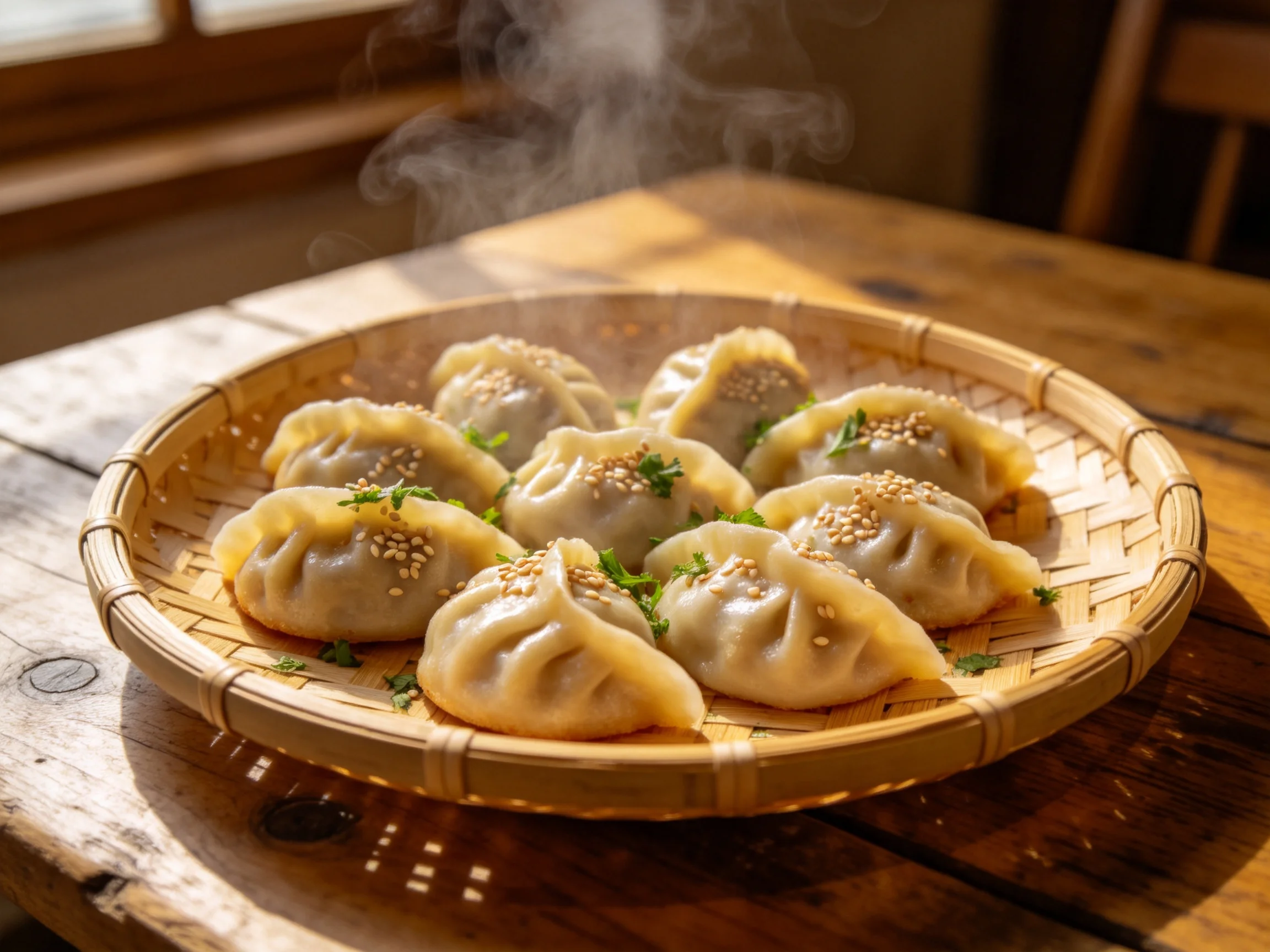 竹篮里的蒸饺冒着热气,饺子皮洁白柔软,表面撒有芝麻和香菜碎。