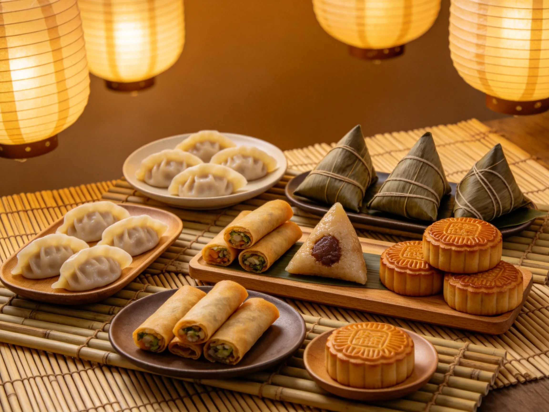 水饺表皮透明光滑,春卷外皮金黄酥脆,粽子和月饼呈现出传统节庆食品的特色外观。