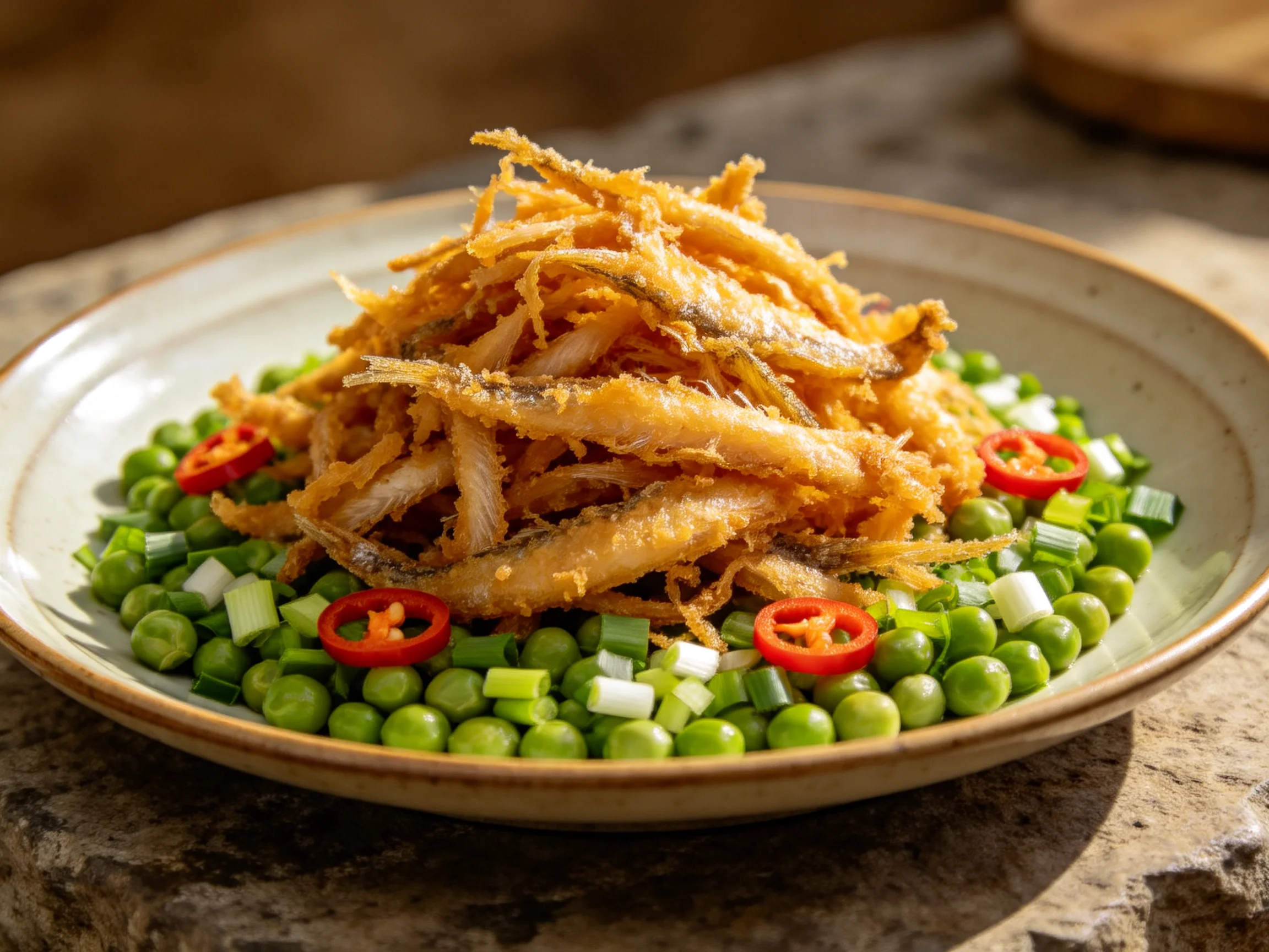 金黄酥脆的炸小鱼堆叠在翠绿的豌豆床上，表面呈现出诱人的焦黄色泽，旁边点缀着鲜红的辣椒片与翠绿的葱段。