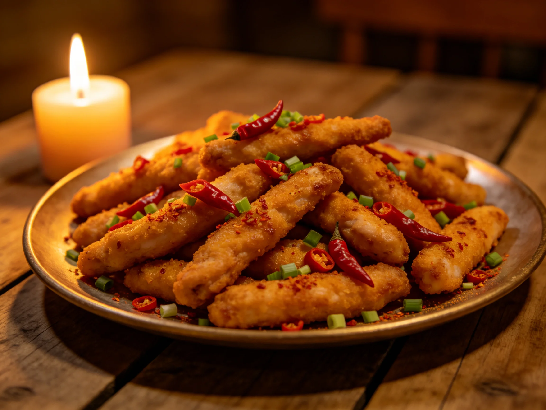 辣味炸鸡条色泽金黄,表面撒有红色辣椒圈和绿色葱花点缀。