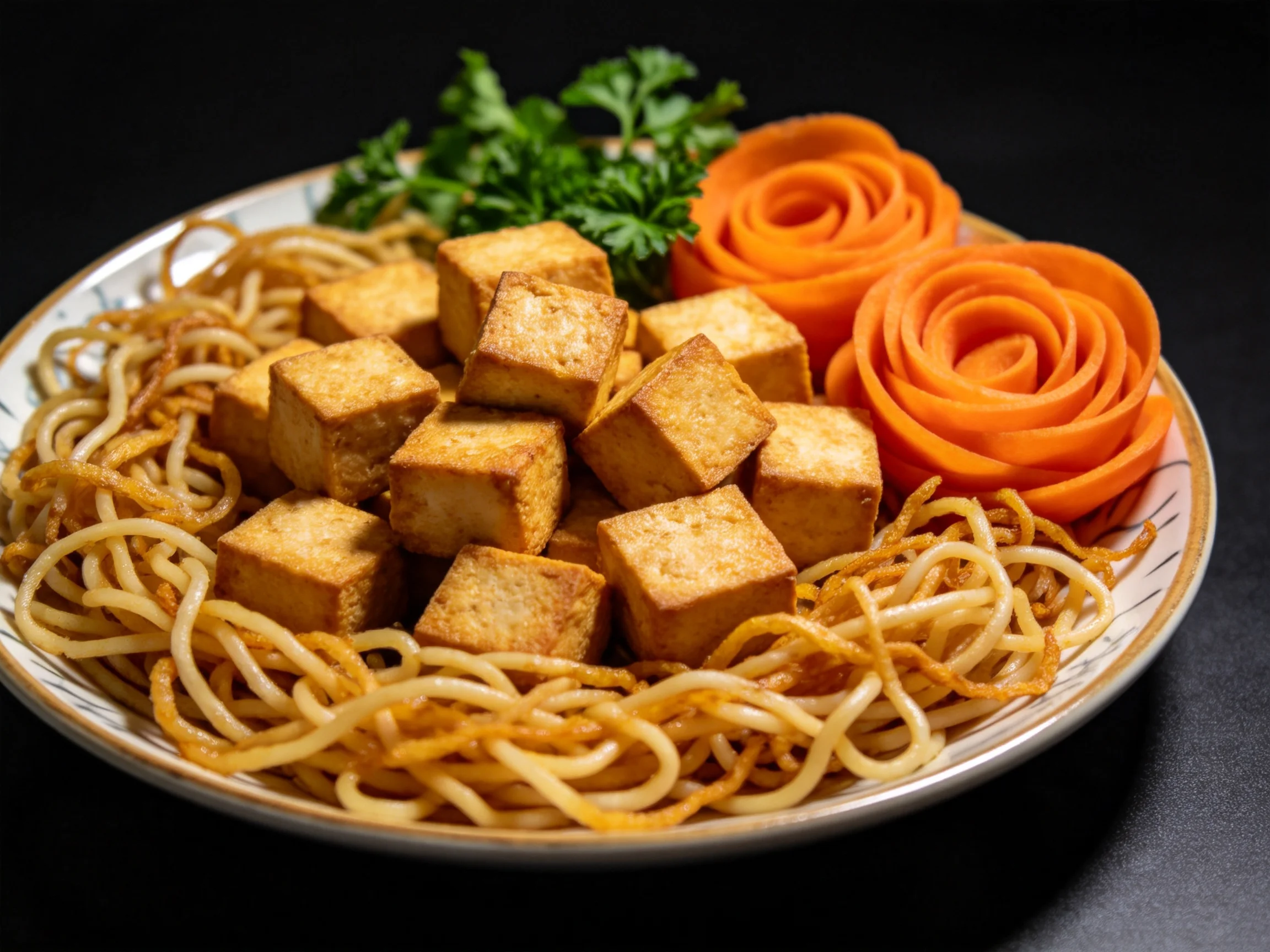 金黄酥脆的炸豆腐块被整齐摆放,周围环绕着油亮的面条,雕刻成花朵的红萝卜片与新鲜绿叶相互衬托。