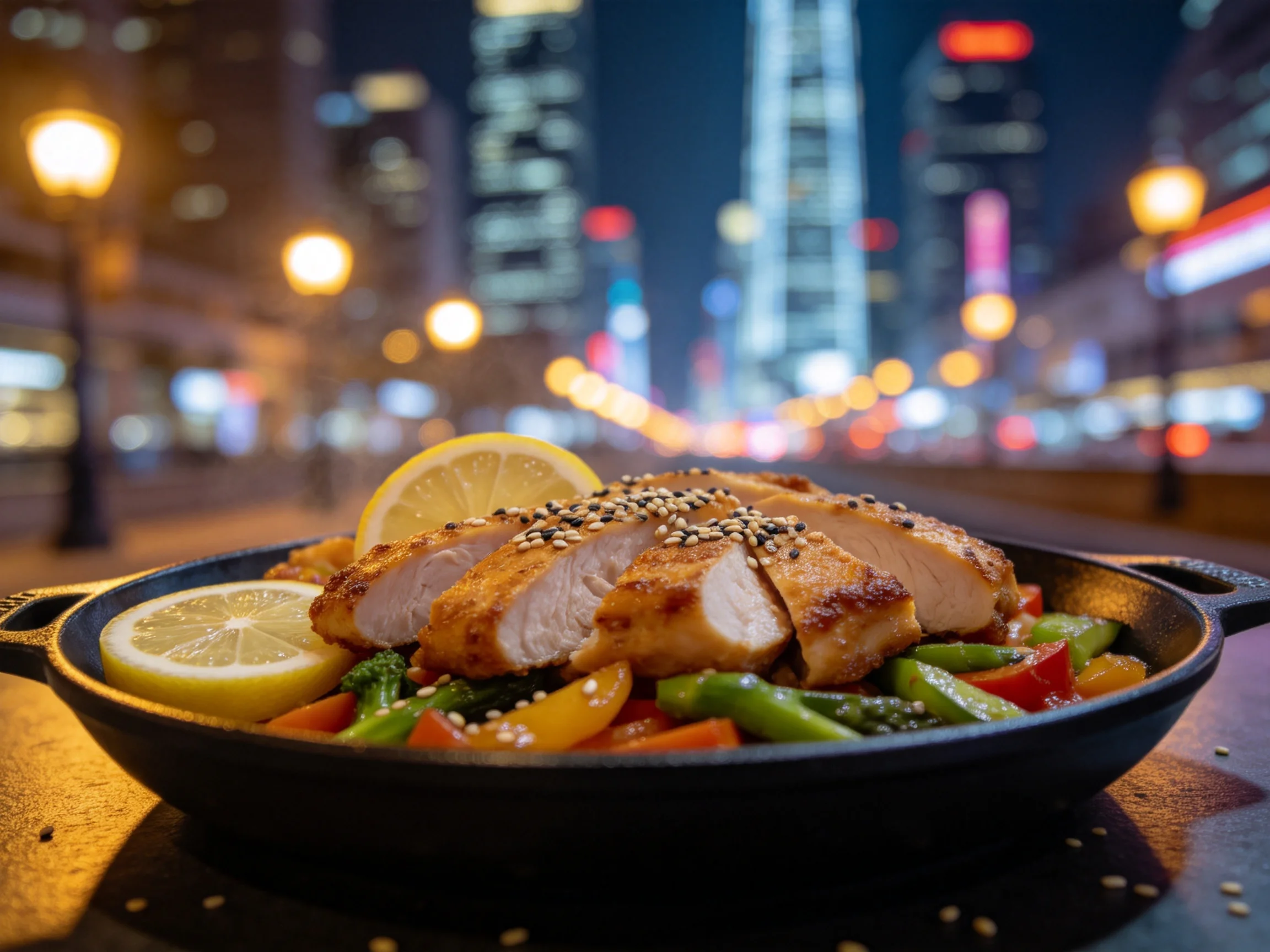 黑色铸铁锅内的彩椒鸡肉时蔬料理,金黄鸡肉切片带有芝麻装饰,周围环绕着彩色蔬菜和柠檬片。