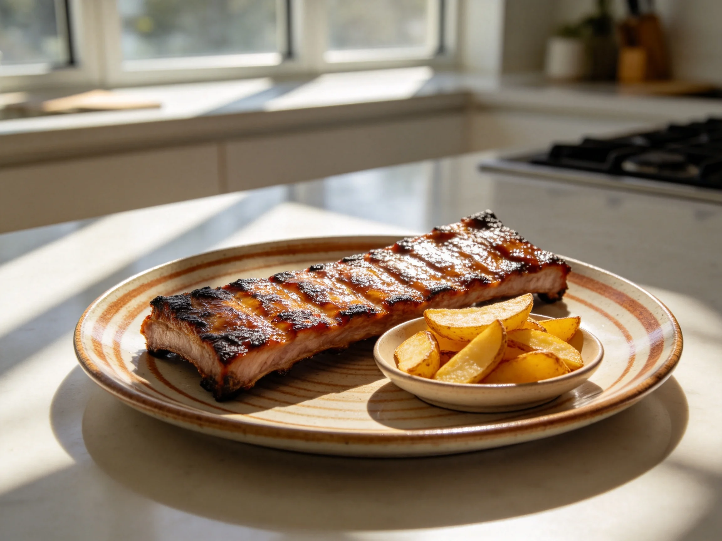 现代厨房中，烤肋排表面有均匀烤痕，旁边盛放着薯角的陶瓷小碗，肋排色泽诱人。