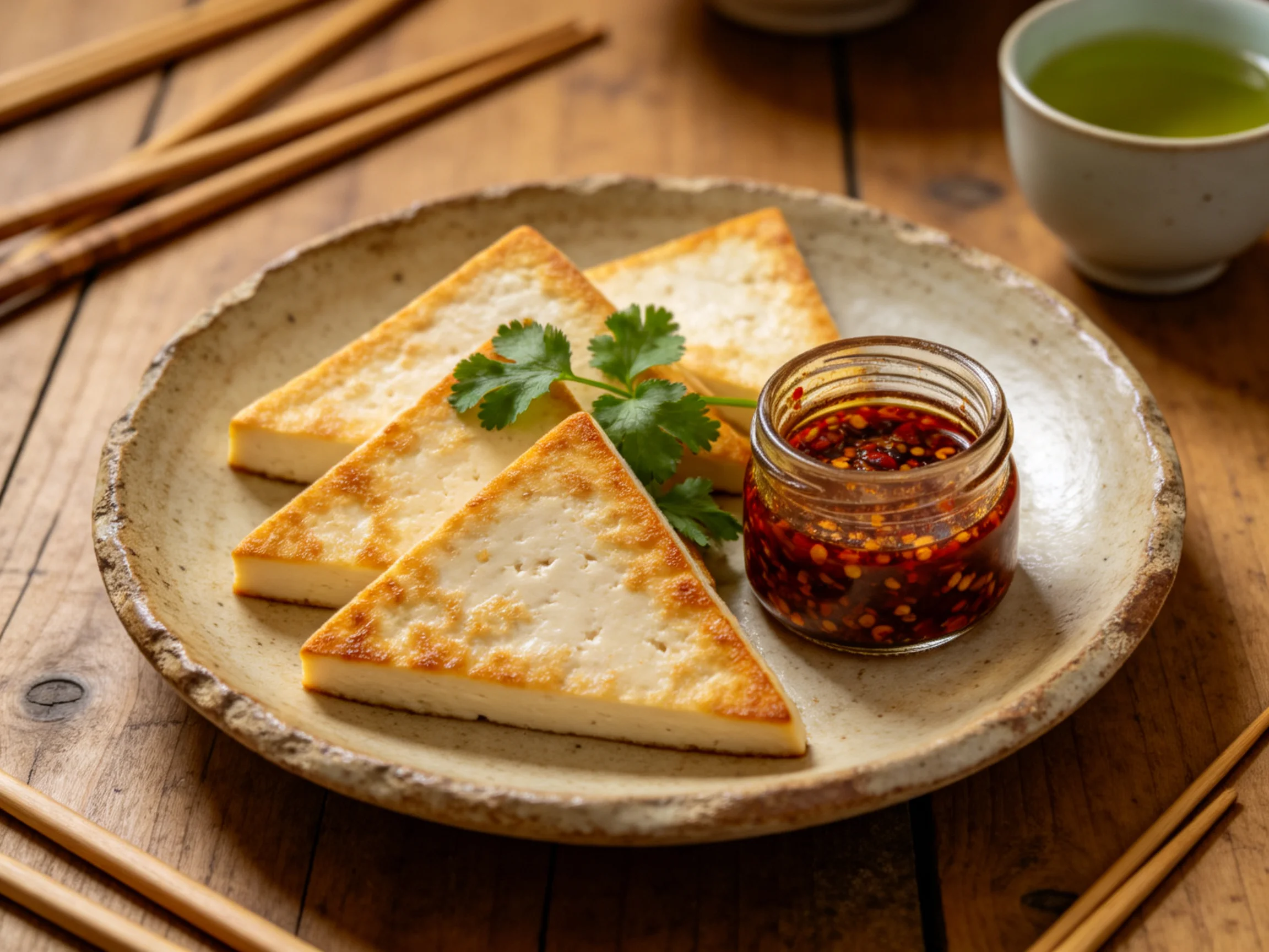 三角煎豆腐呈金黄色,表面带有焦脆质感,旁边玻璃罐的红油蘸料中辣椒碎粒清晰可见。