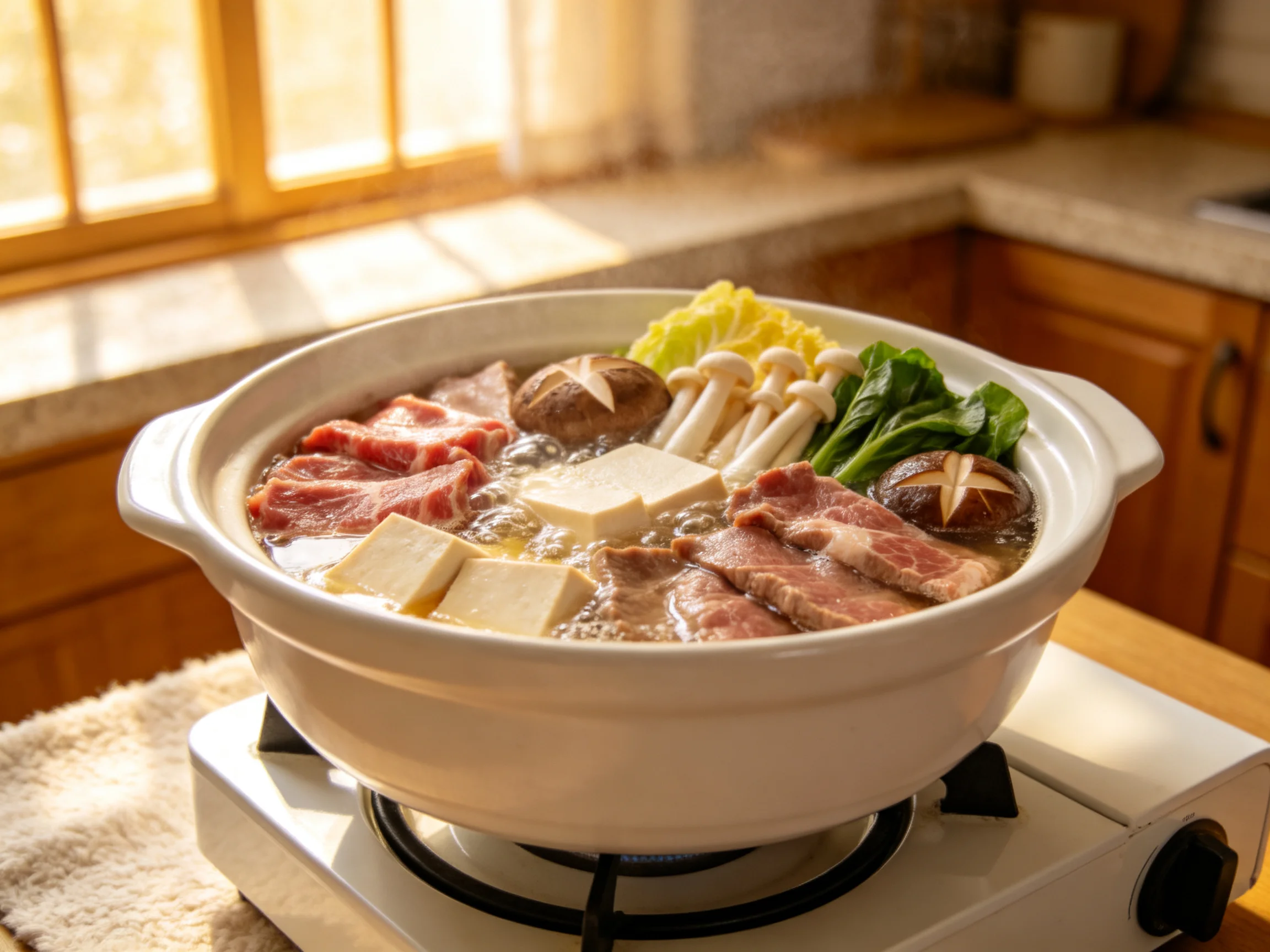 牛肉豆腐火锅在小型炉灶上烹饪,食材丰富多样,热气升腾,汤汁沸腾。