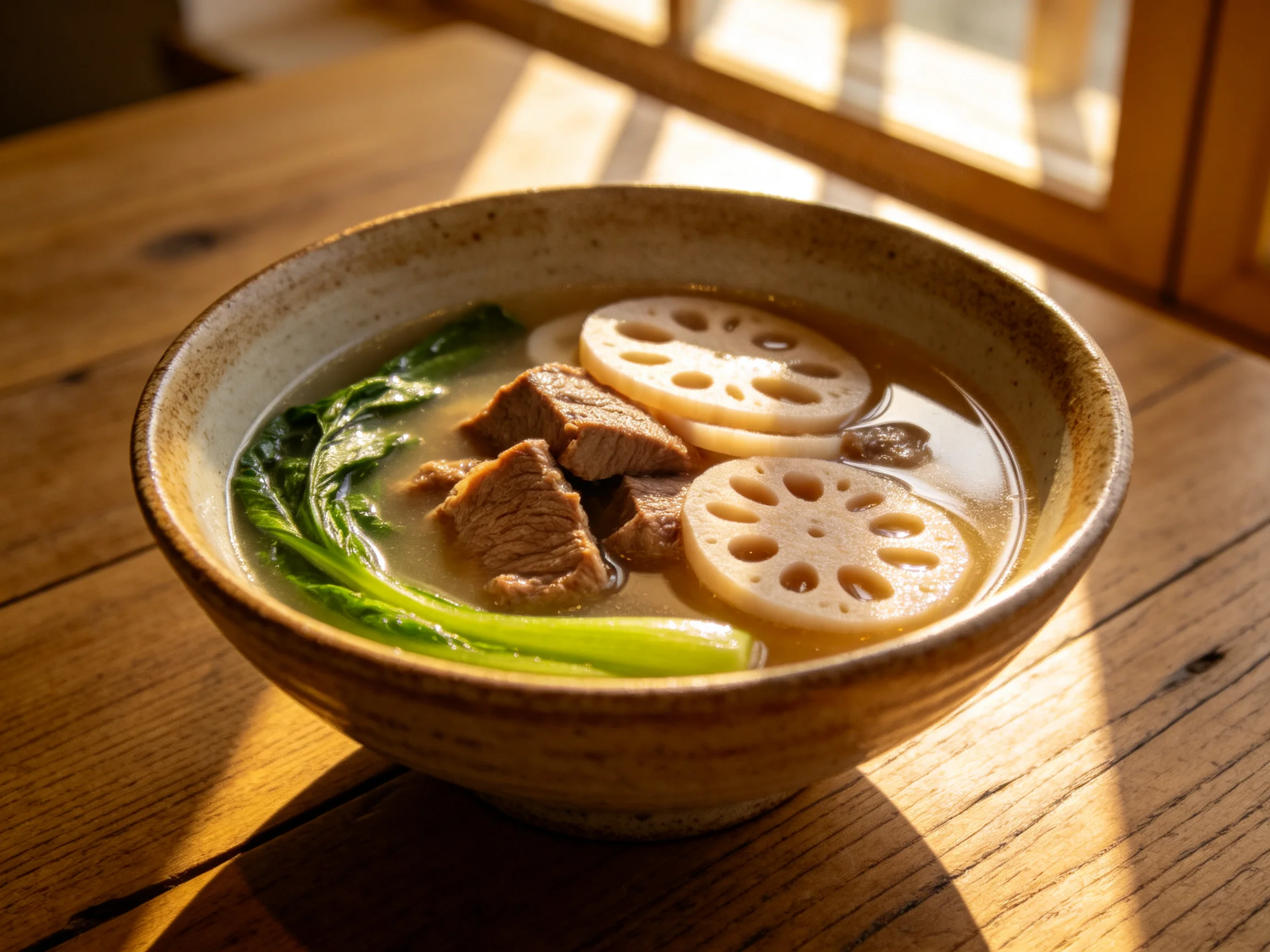牛肉藕片汤盛于陶碗中,牛肉块与藕片的纹理清晰可见,绿叶在汤中舒展。
