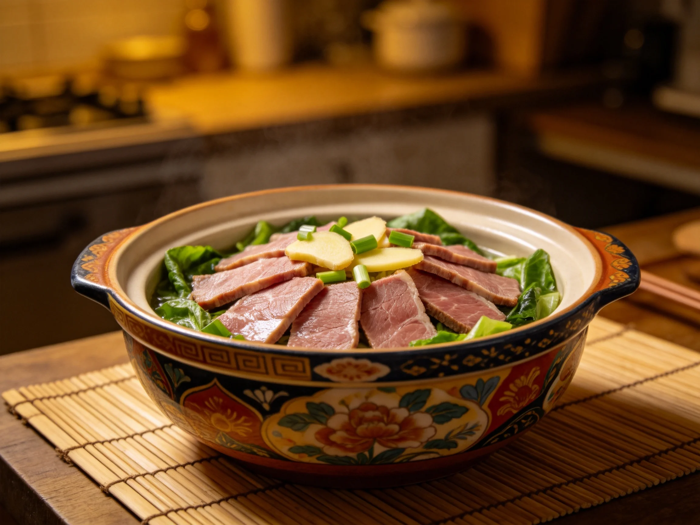 传统砂锅炖肉片盛放在带有花卉纹饰的陶瓷砂锅中,粉色肉片与绿色蔬菜形成鲜明色彩对比,肉片边缘显示炖煮后的软嫩质感。