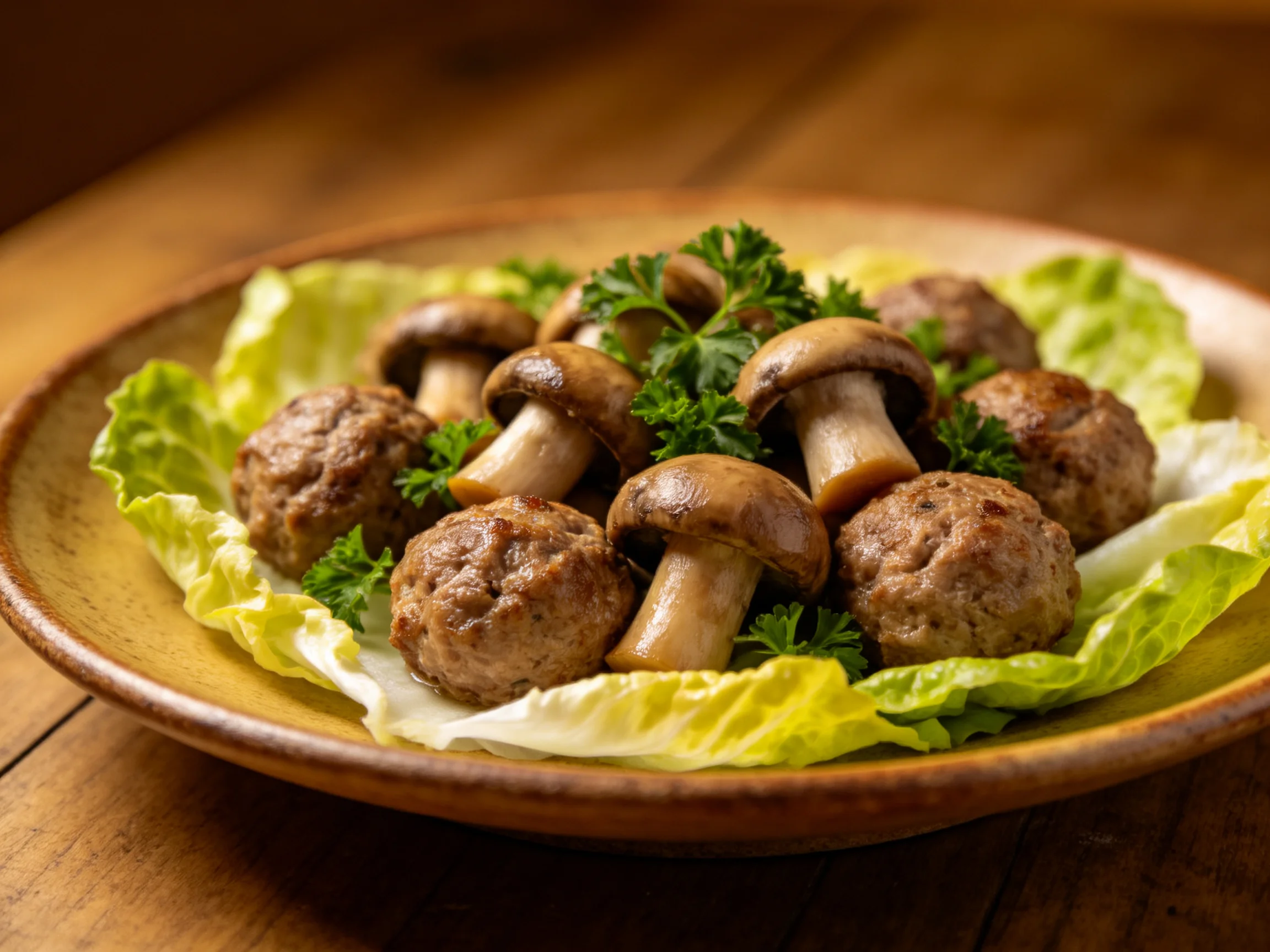 盘子里的肉丸菌菇料理,肉丸表面纹理清晰,菌菇菌盖呈浅棕色,摆放于生菜叶片之上。