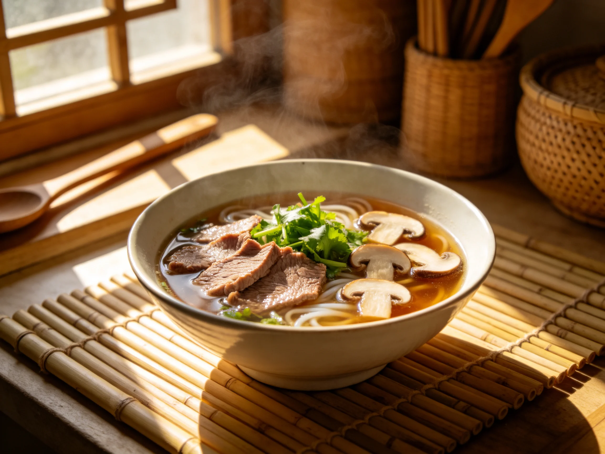 碗中的牛肉面包含切片牛肉、伞状蘑菇和翠绿香菜,汤汁呈暖棕色。