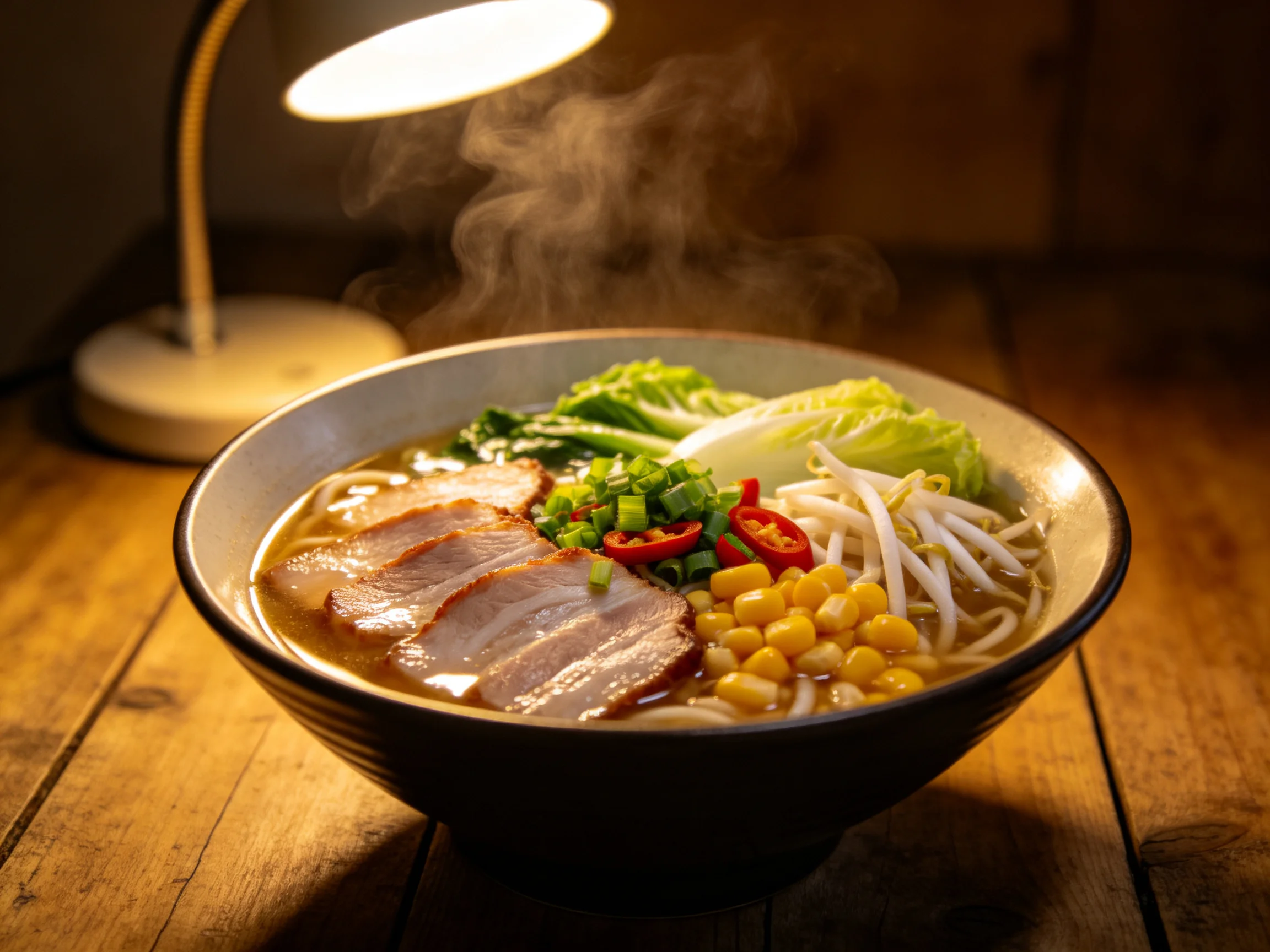 叉烧拉面盛于深色碗中,叉烧肉片油亮,周围环绕着各种新鲜蔬菜和豆芽。