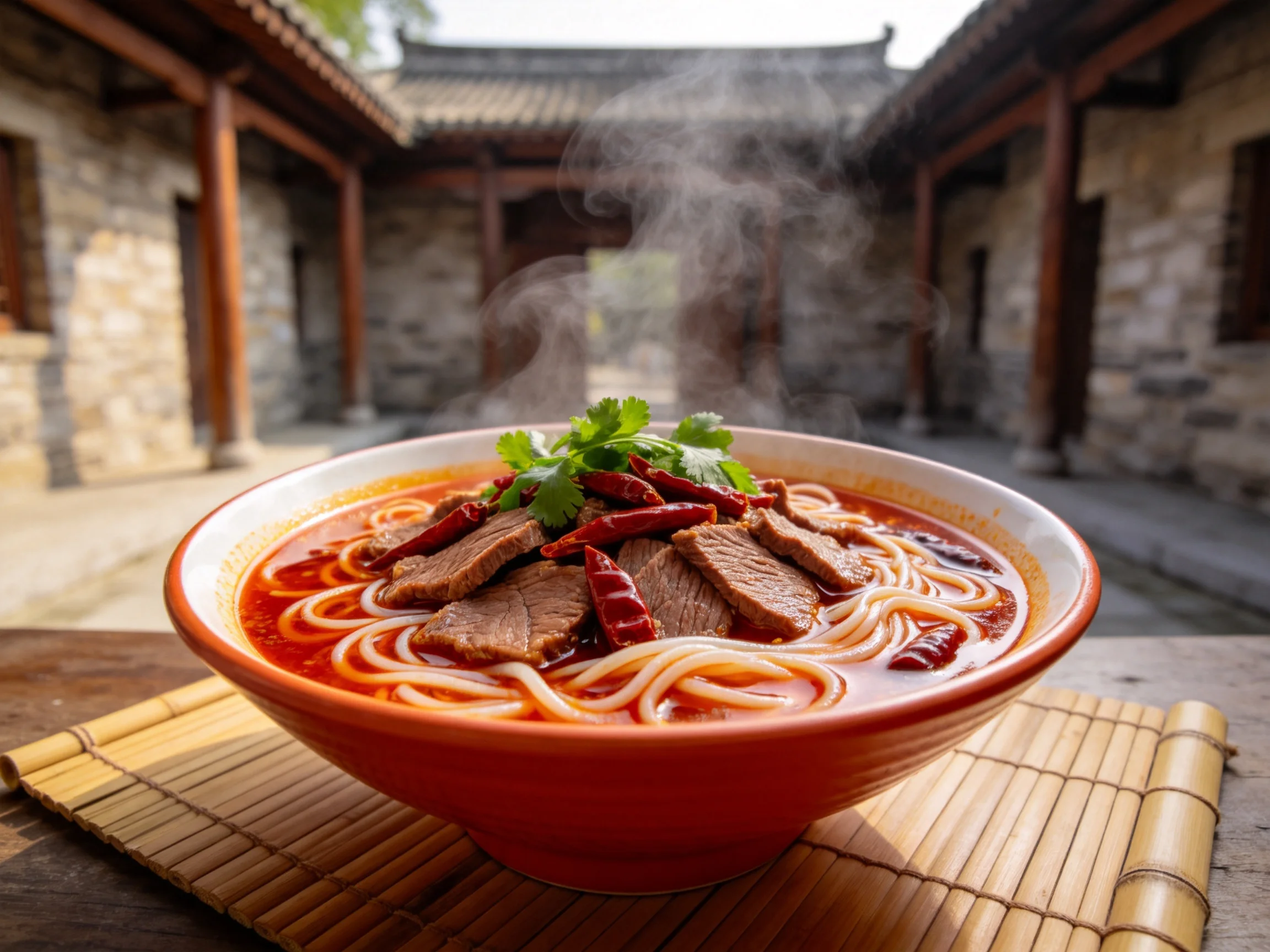 红油牛肉面盛于红碗中,面条劲道,牛肉切片饱满,热气升腾。