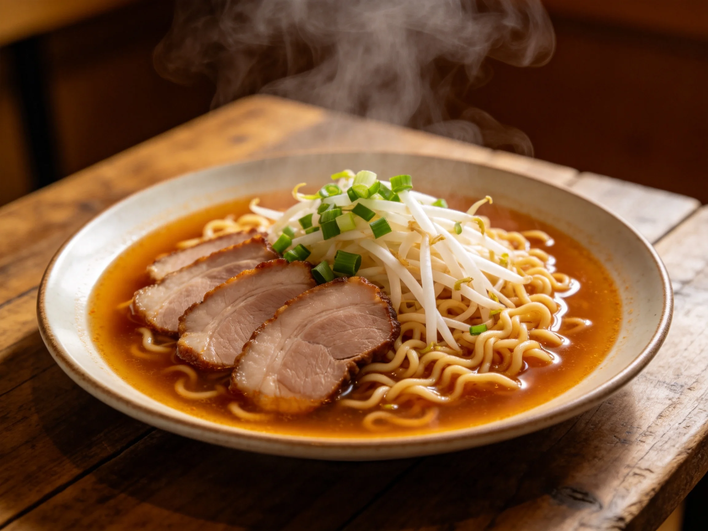 叉烧拉面盛于浅色瓷碗中，肉片色泽金黄，面条劲道，热气升腾，豆芽鲜嫩。