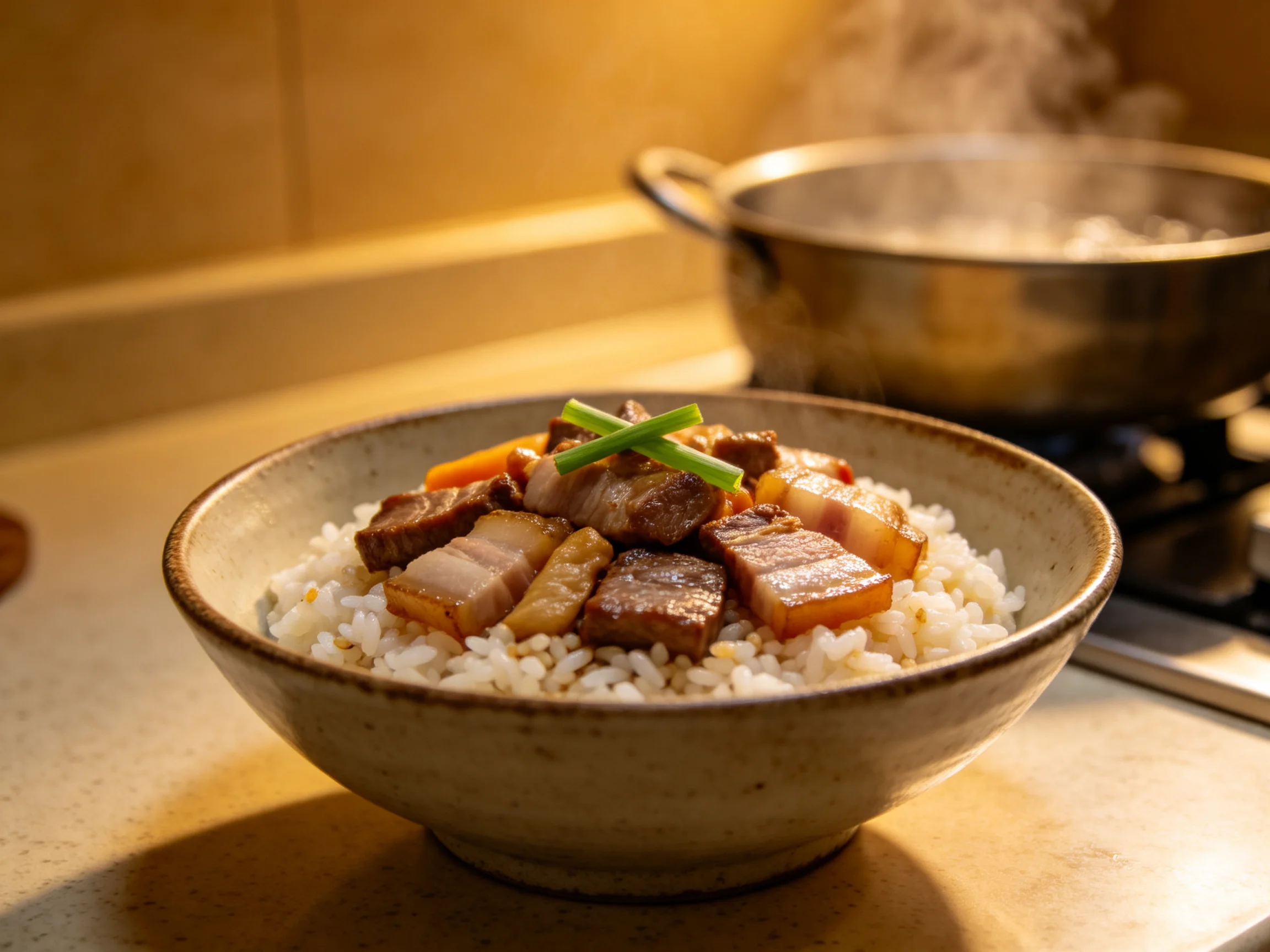 红烧肉盖饭盛放在陶瓷碗中,米饭洁白蓬松,红烧猪肉色泽红亮,肥瘦相间。