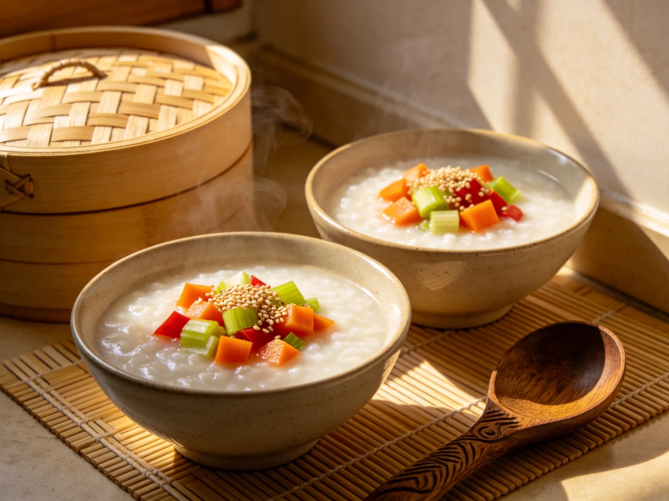 两碗蔬菜粥盛于浅色陶瓷碗中,表面点缀彩色蔬菜与芝麻,旁边配有木勺,背景有竹制蒸笼,整体呈现暖黄色调光线。