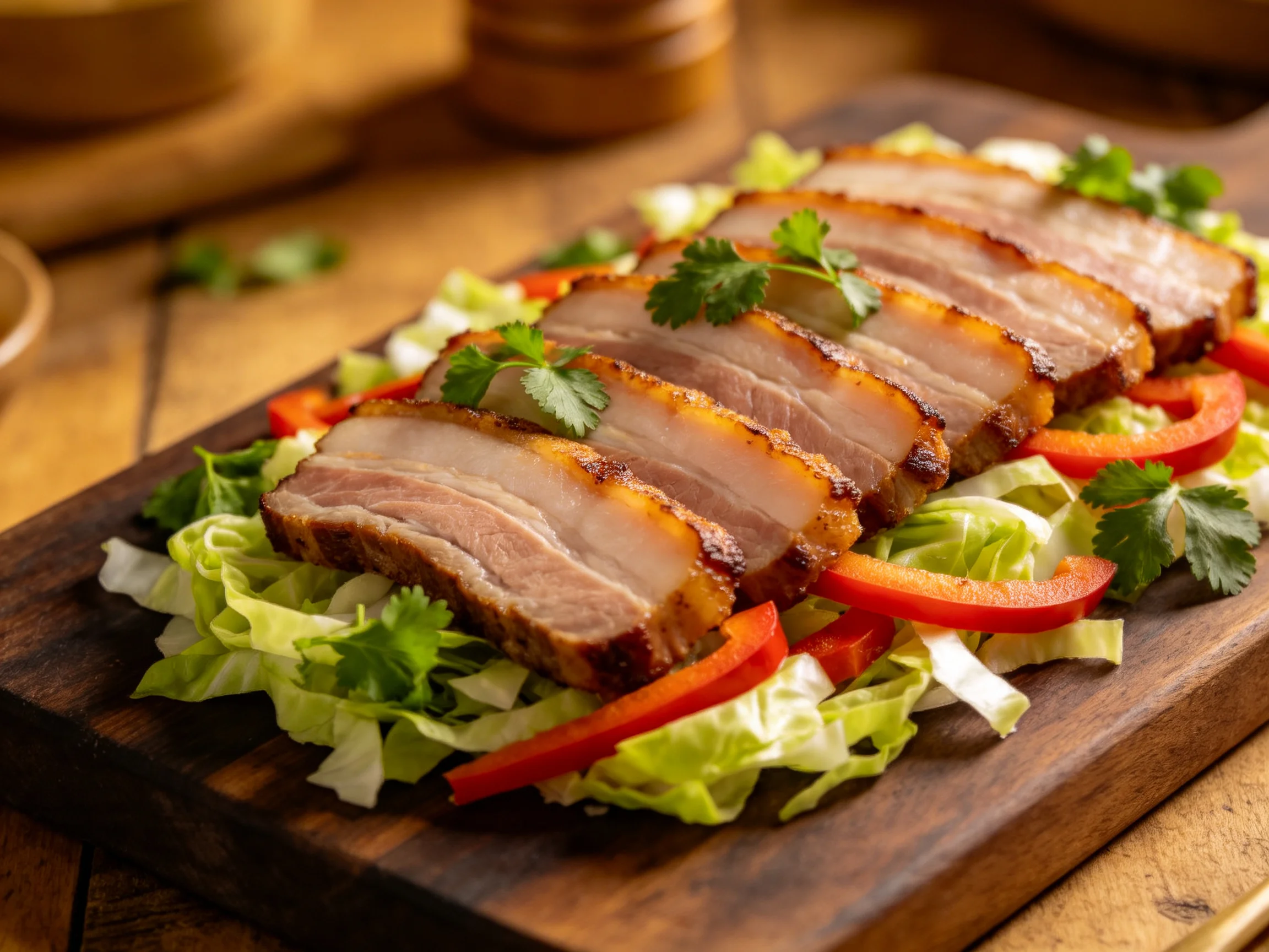 叉烧肉切片放置在生菜和红椒之上，外皮金黄酥脆，肉质纹理清晰可见。