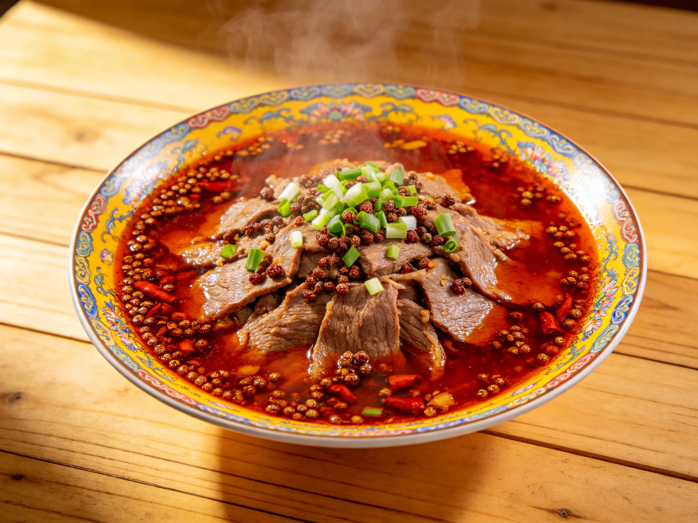 麻辣牛肉盛于彩绘碗中,红亮汤汁裹着薄切牛肉,葱花与花椒点缀其中。