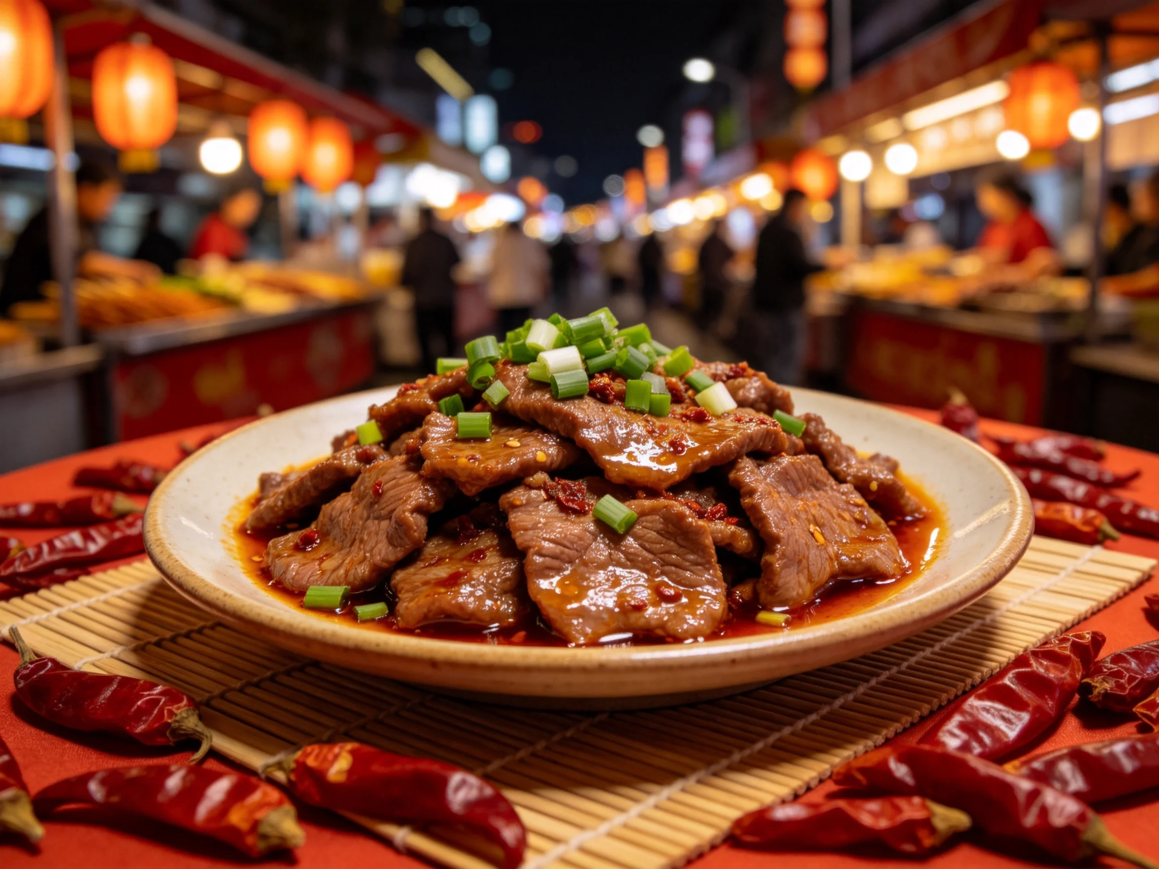 辣子牛肉片色泽红亮,肉片均匀,表面裹着油亮的辣椒酱,撒有翠绿葱花,周围散落着红辣椒。