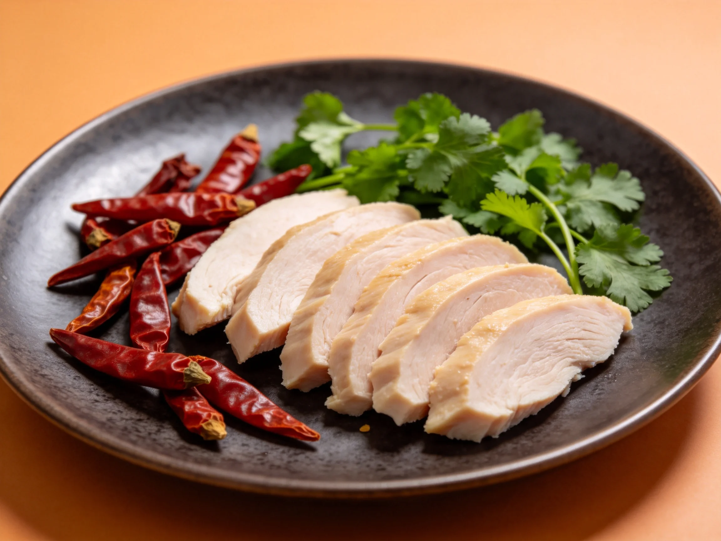 清蒸鸡胸肉切片呈乳白色,表面光滑,与红辣椒和香菜一同摆放在深色盘中。