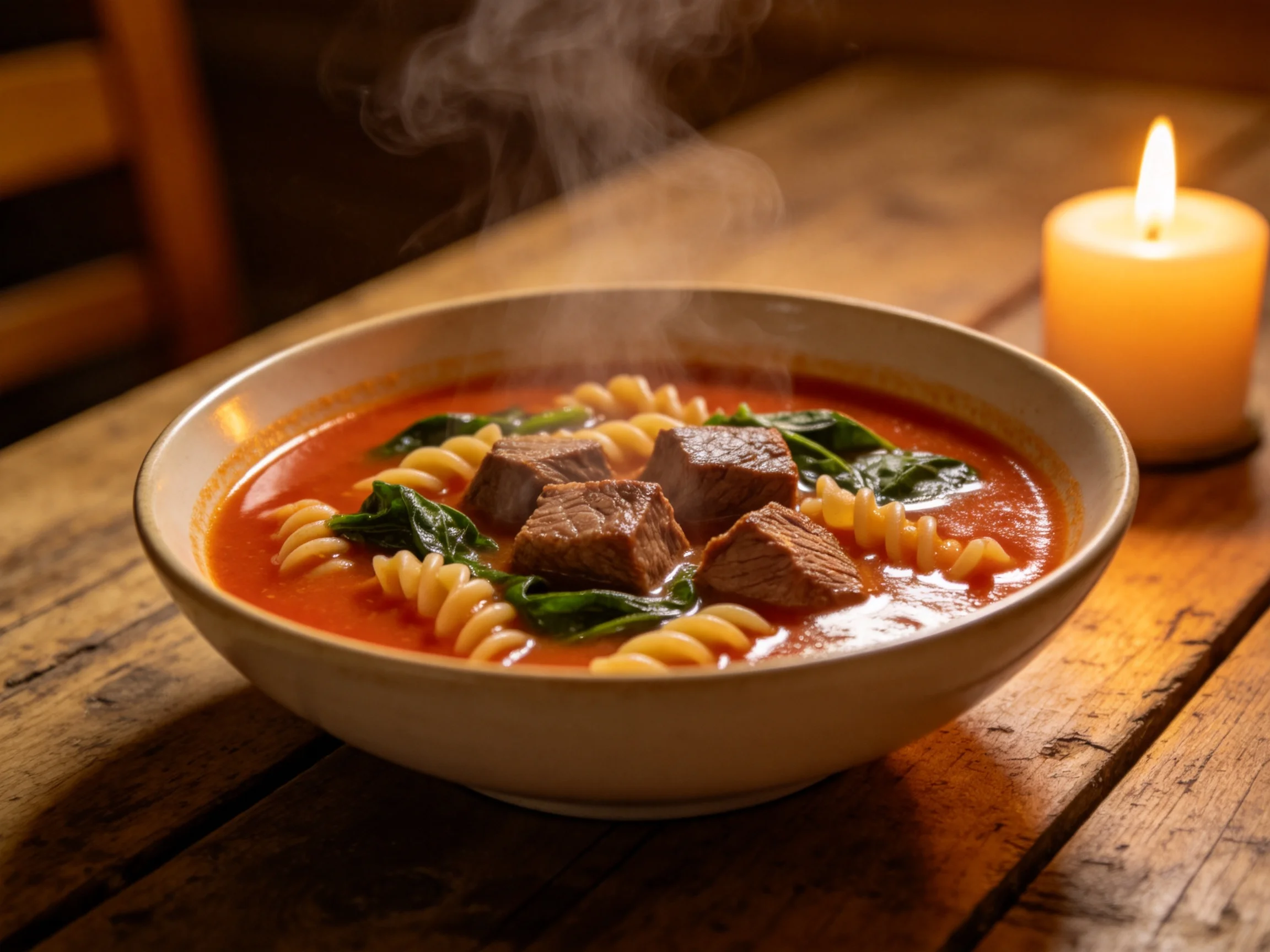 面条番茄牛肉汤盛于碗中，红亮汤汁中可见螺旋面条、牛肉块及绿叶蔬菜，热气升腾显示汤品温度。