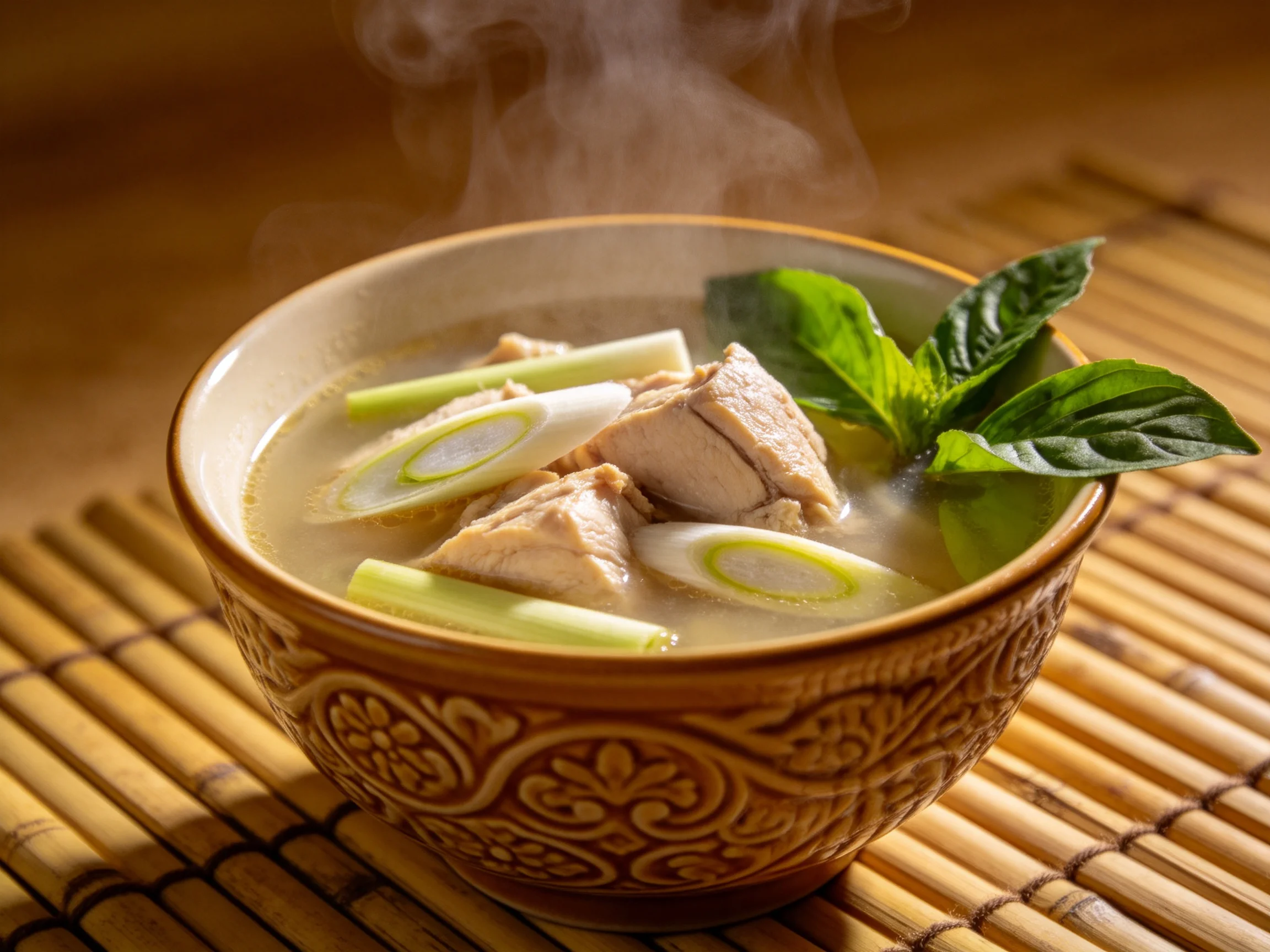 椰香鸡肉汤盛于装饰性陶碗中,可见鸡肉块、青葱段及罗勒叶,汤面有蒸汽升起。
