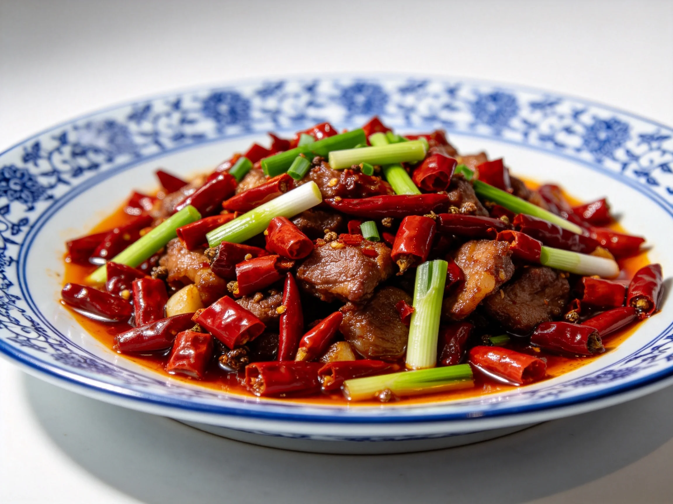 麻辣辣子肉色泽红亮,肉块与红辣椒、葱段搭配,盛于青花瓷碗中,碗沿有精美花纹装饰。