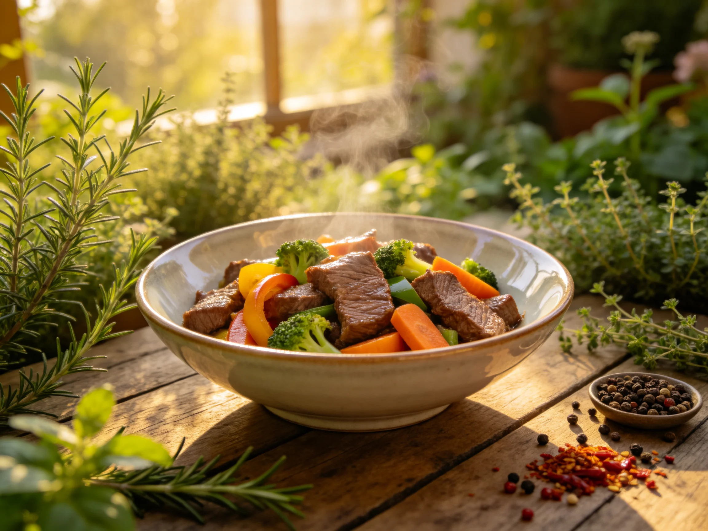 牛肉时蔬炒菜盛放在浅色陶瓷碗中,碗内牛肉色泽红润,搭配绿色西兰花、橙色胡萝卜及彩色彩椒,碗置于阳光照射的木桌上,周围环绕香草植物。