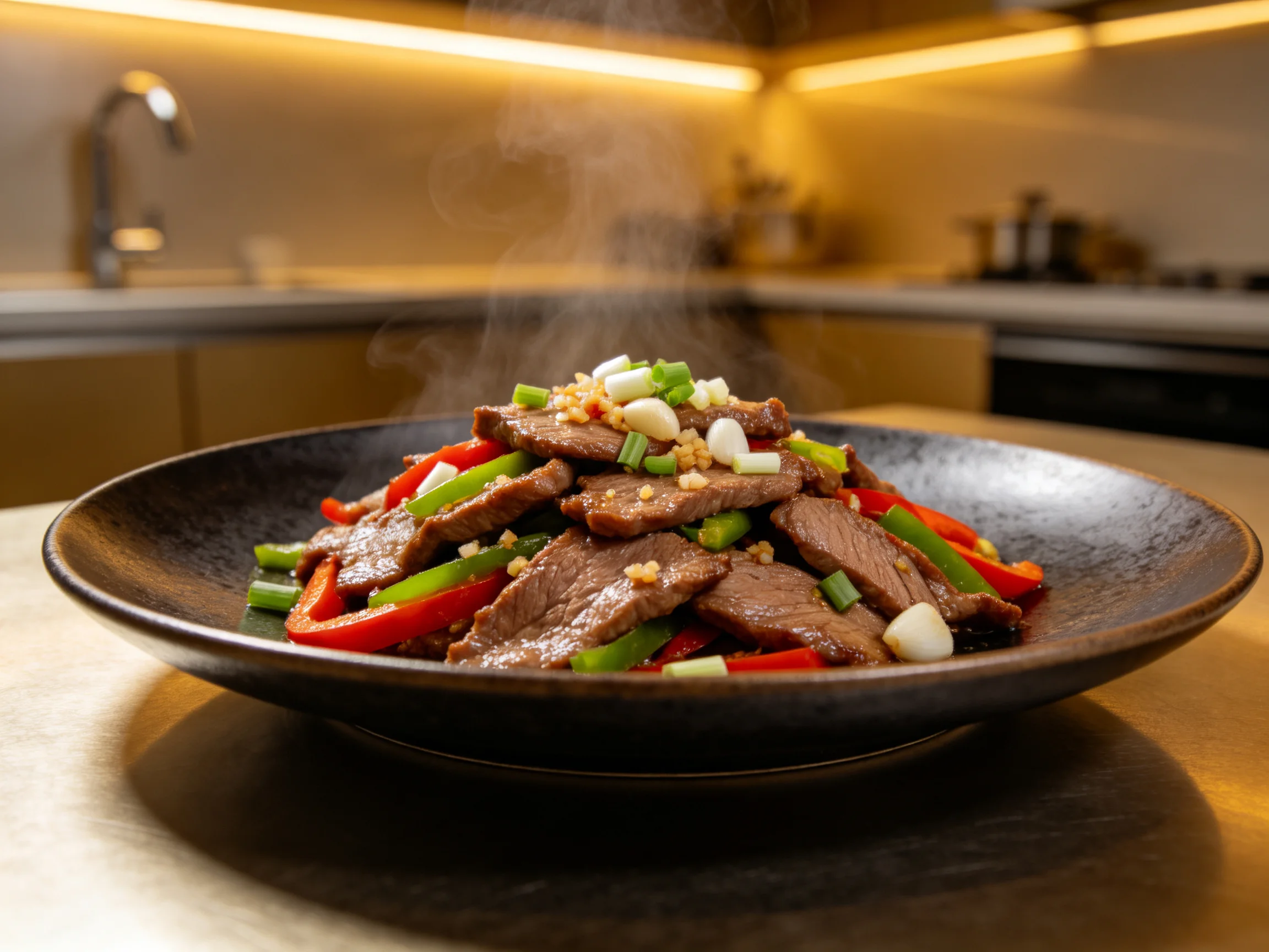 彩椒牛肉片中肉片纹理清晰,搭配红绿彩椒,热气升腾显示其新鲜度。