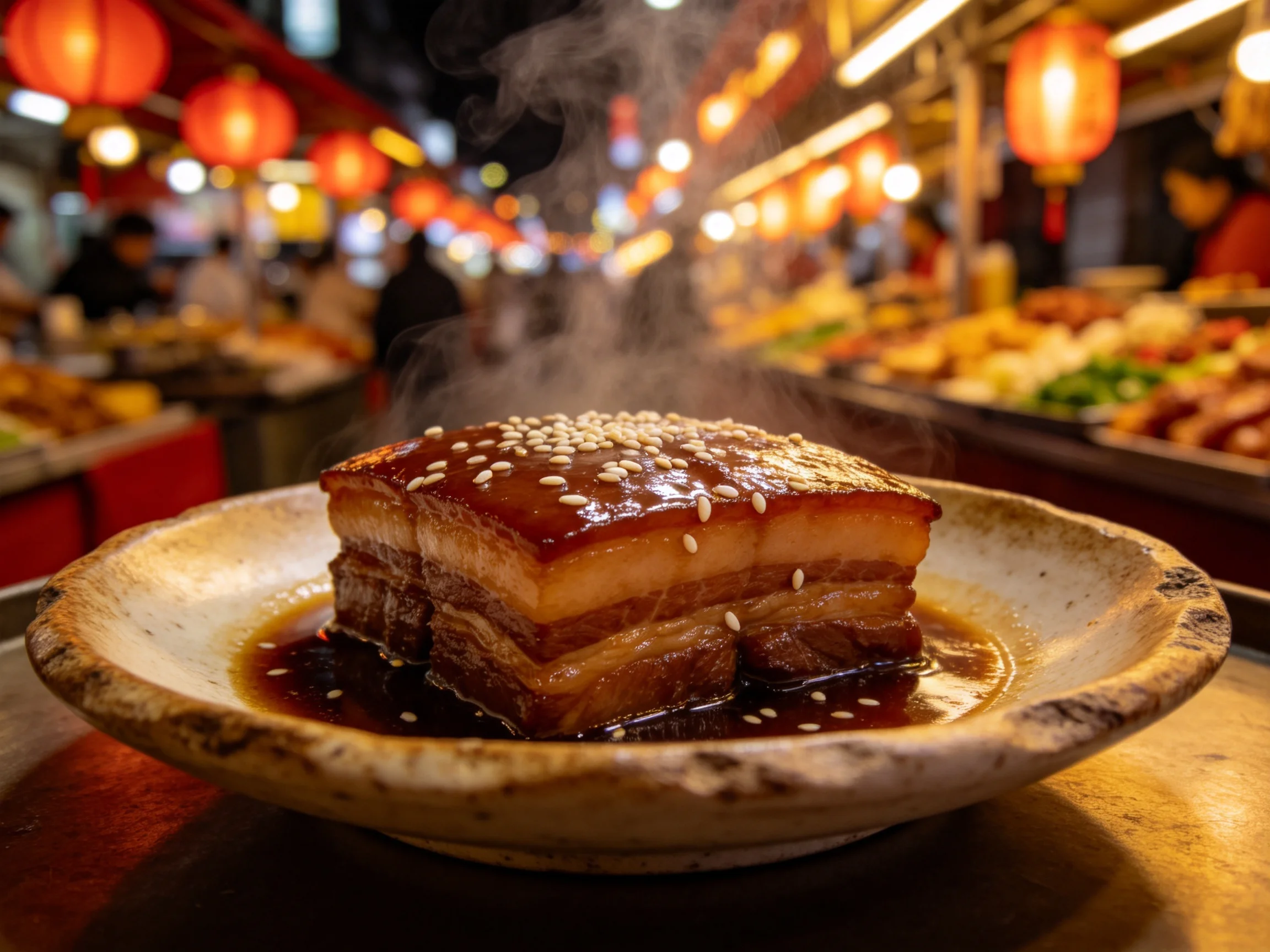 红烧五花肉被盛放在粗陶碗中,表面撒有白芝麻,正冒着热气,展现出传统中式菜肴的风味特点。