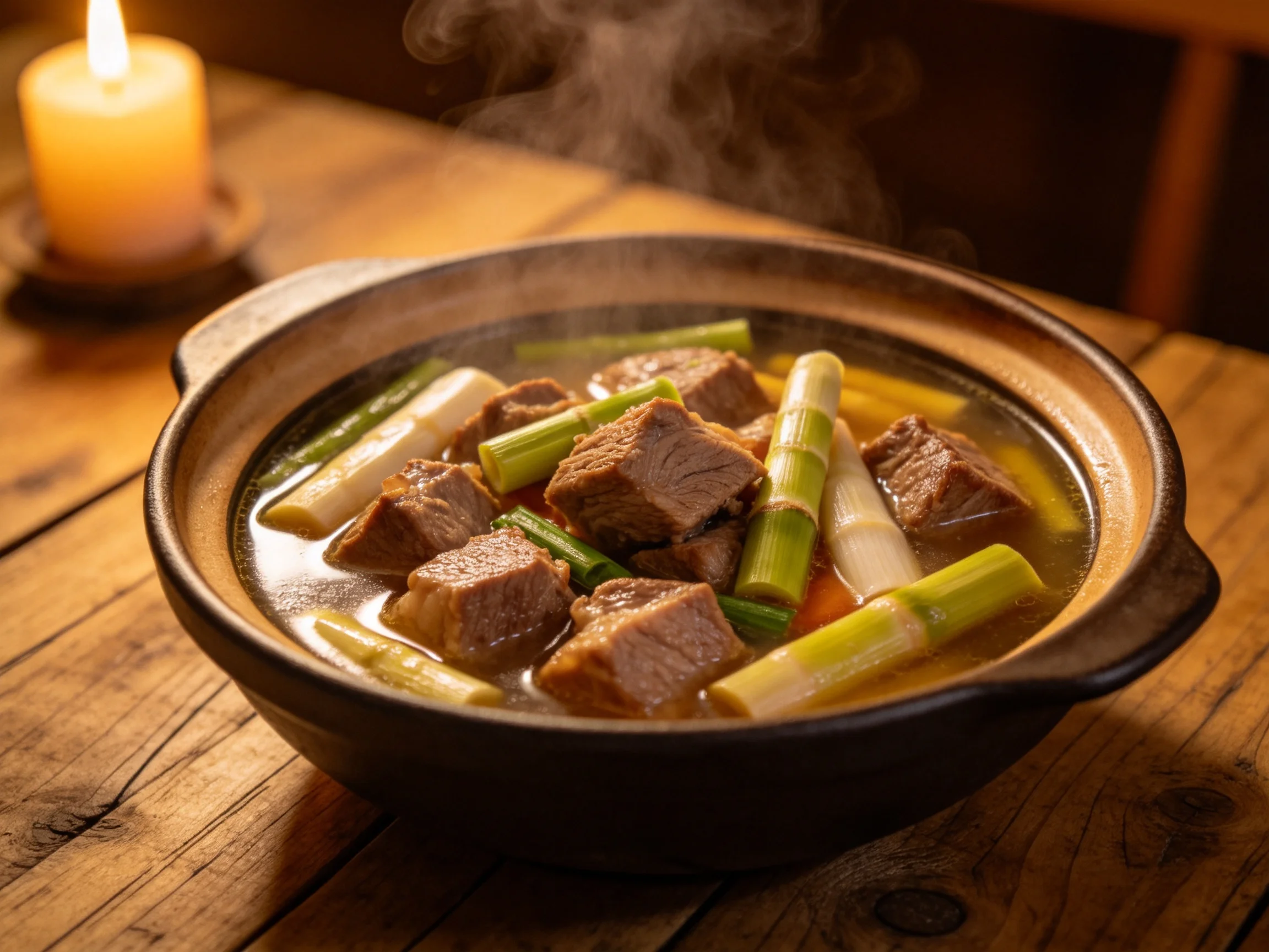 陶锅中盛放的牛肉炖菜,牛肉块色泽红润,周围环绕着绿色葱段,汤汁清澈透亮。